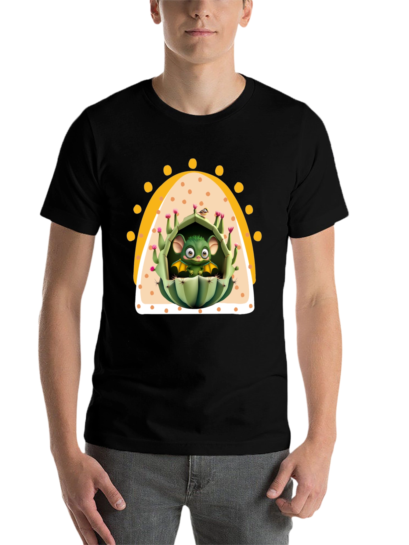 Black Cute Cactus Bat T-Shirt - Unique Graphic Tee view 7