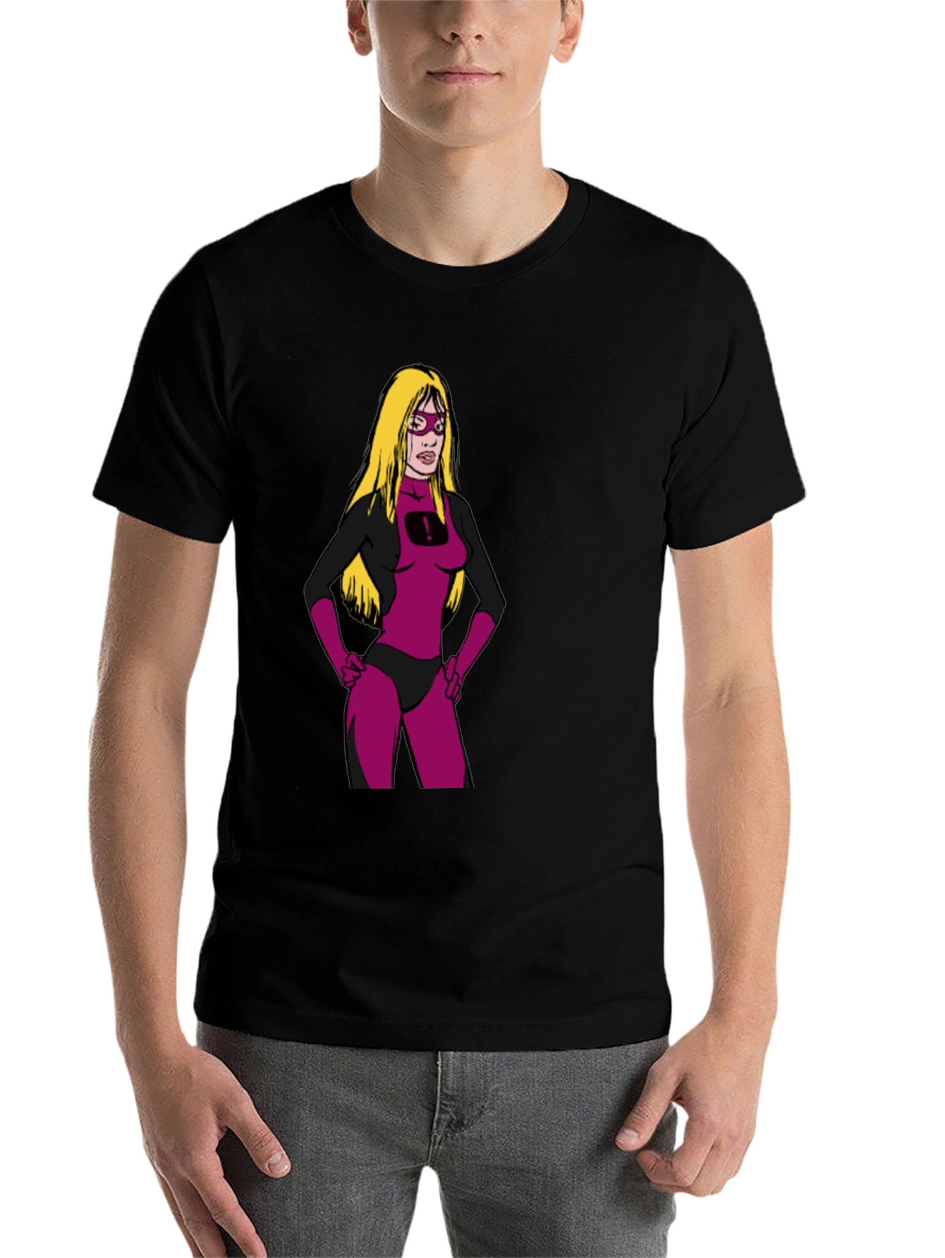 Black Cartoon Superheroine on Black T-Shirt view 7