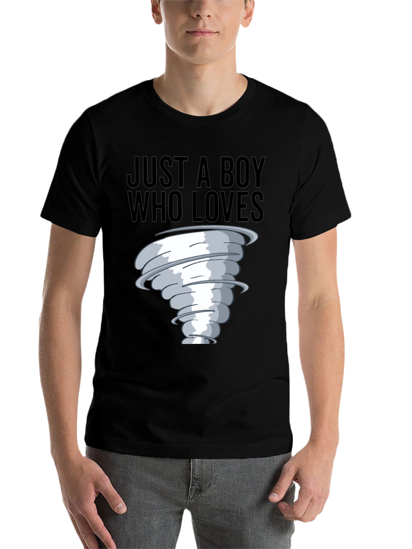 Black Boy Who Loves Tornado T-Shirt, Black Cotton Tee view 7
