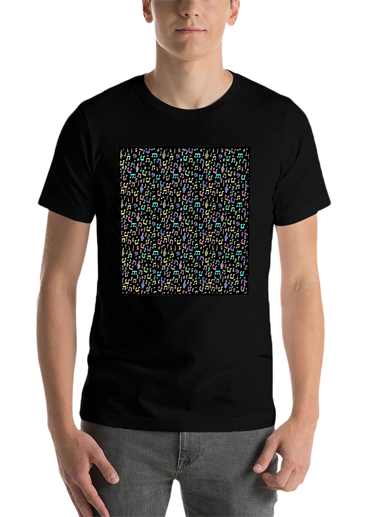 Black Musical Notes Pattern T-Shirt - Black view 7