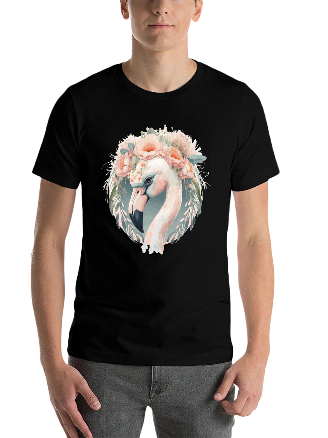 Black Floral Flamingo Graphic Tee - Black Cotton T-Shirt view 7