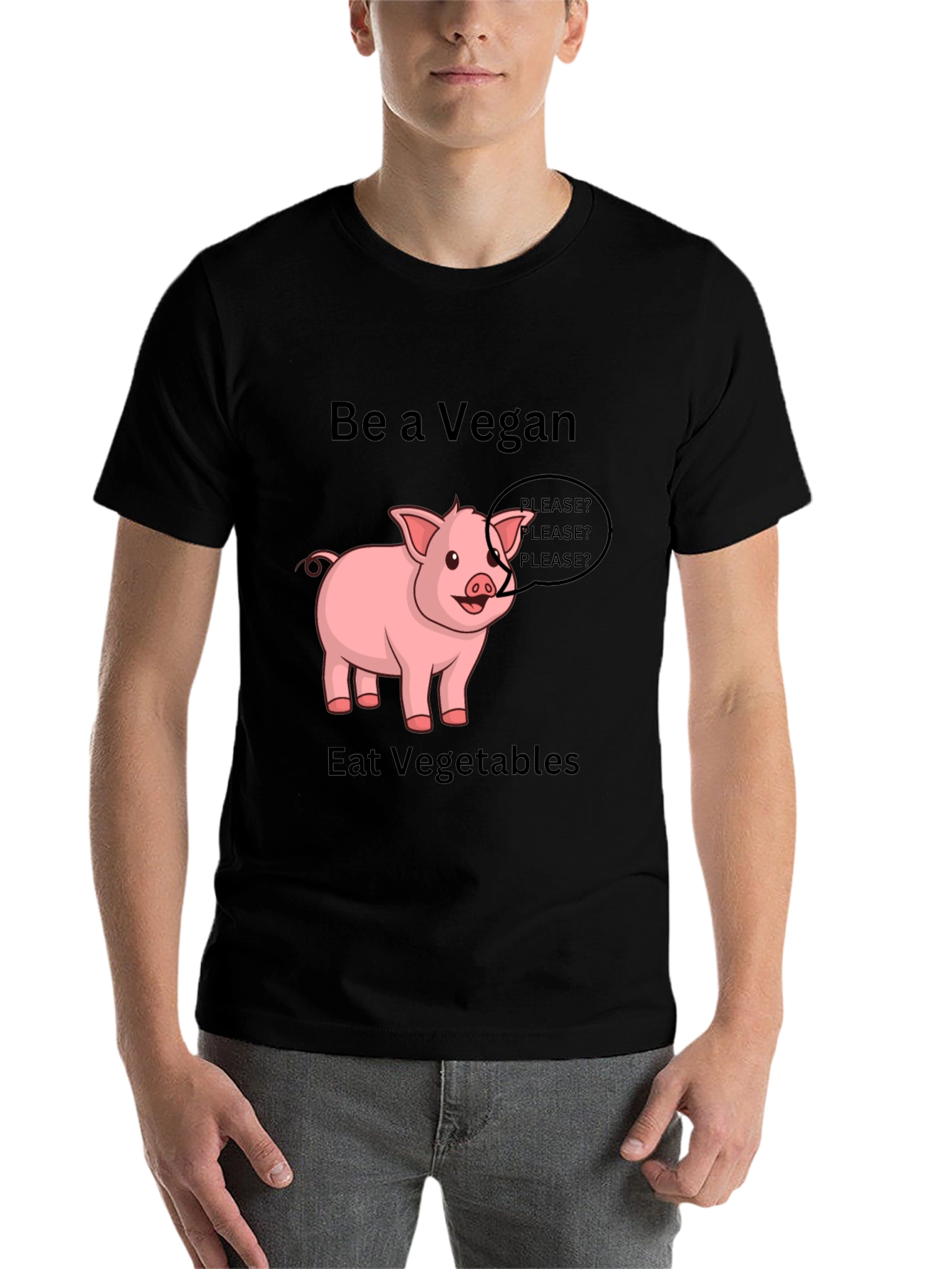 Black Vegan Pig Graphic Tee - Eat Vegetables view 7
