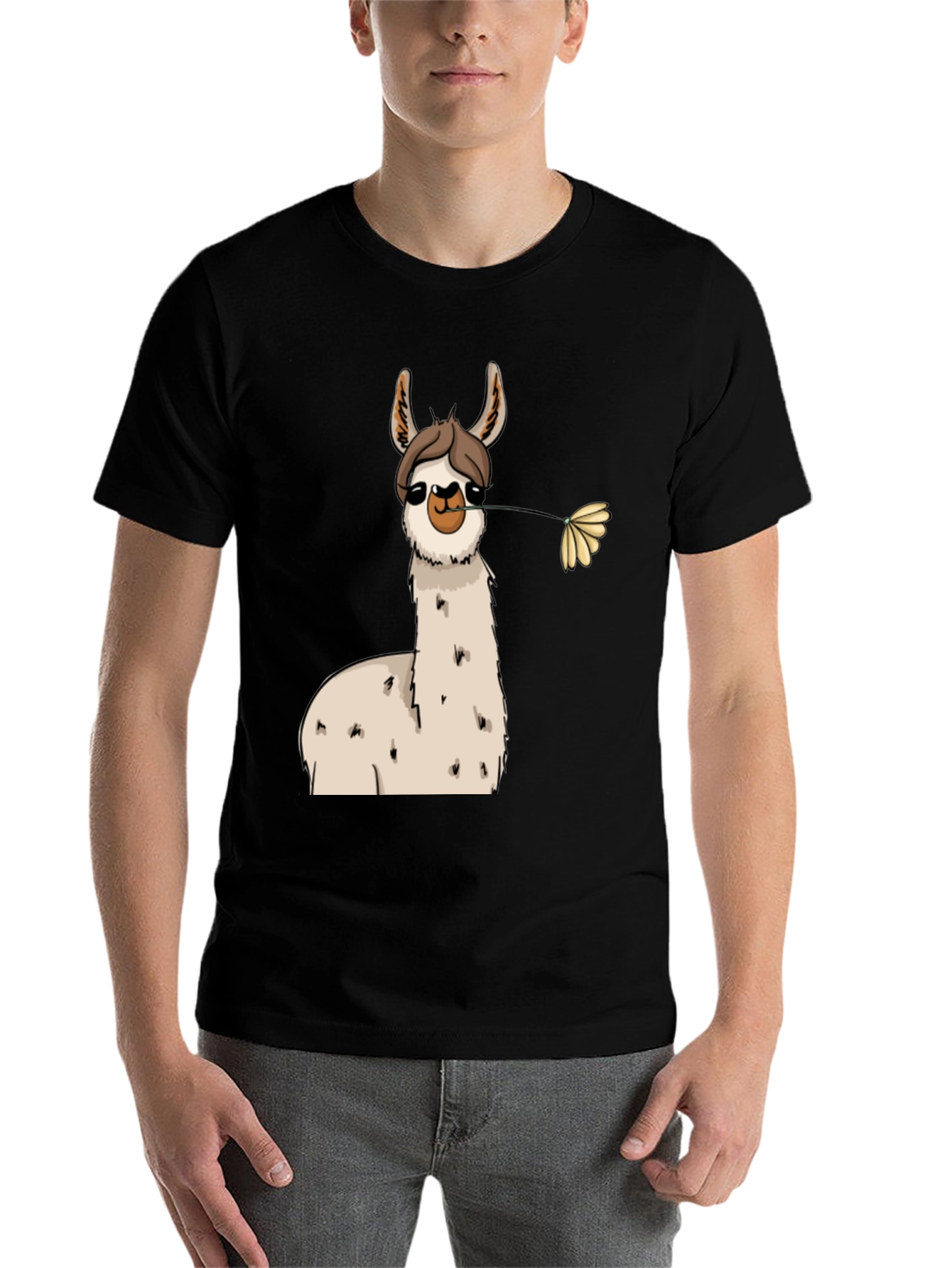 Black Llama with Flower Black T-Shirt view 7