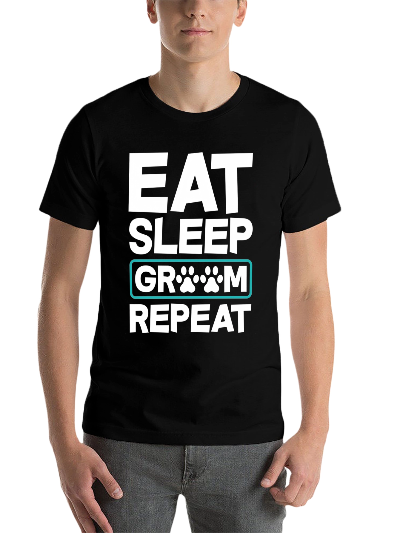 Black Eat Sleep Groom Repeat Dog Paw T-Shirt view 7
