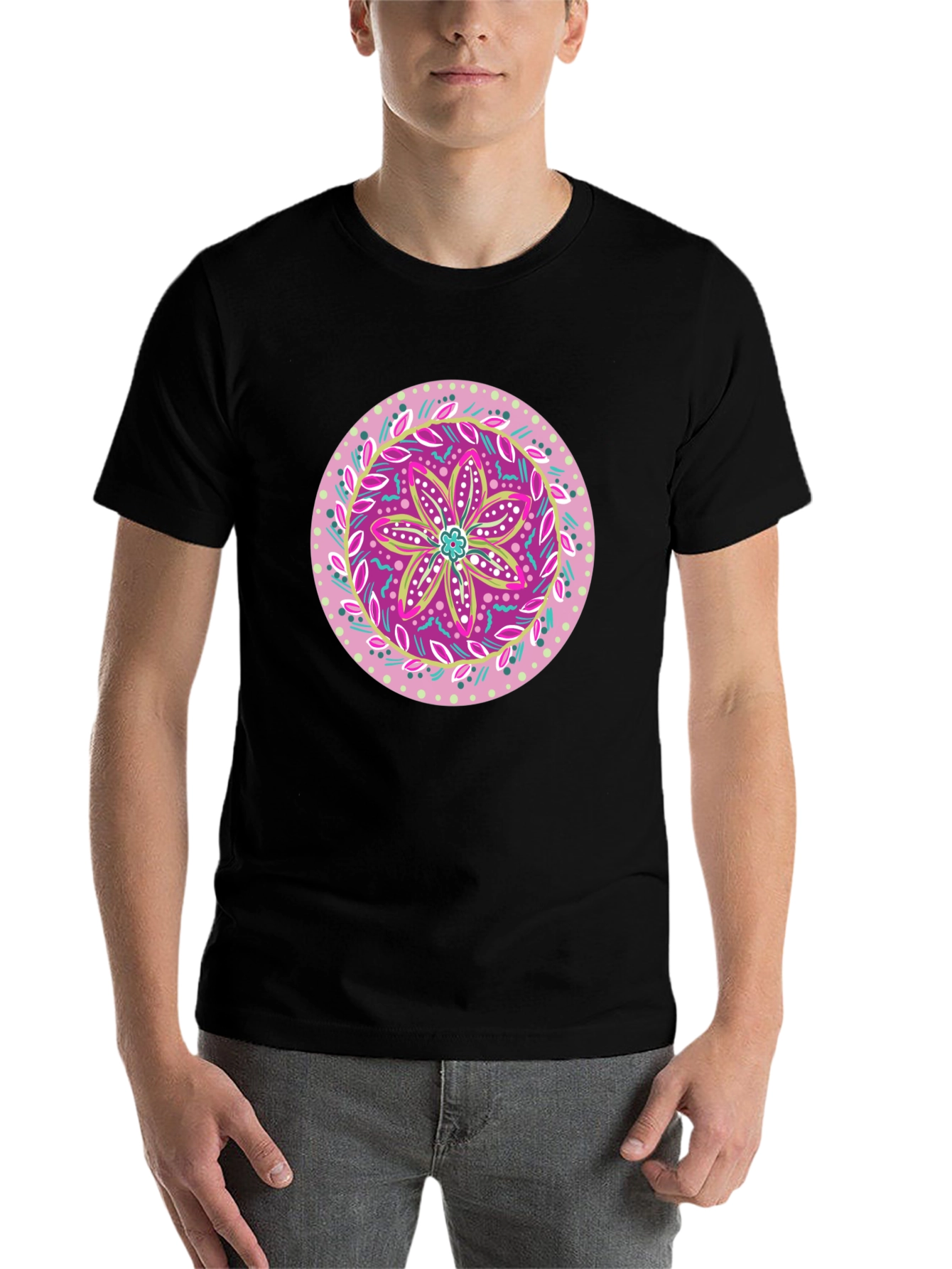 Black Floral Mandala Graphic Tee - Casual Black T-Shirt view 7