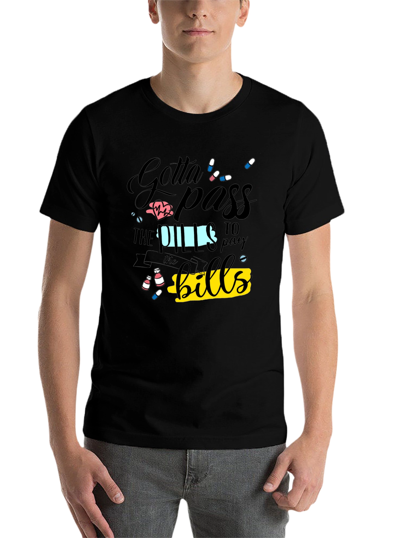 Black Gotta Pass the Pills Funny Graphic T-Shirt view 7
