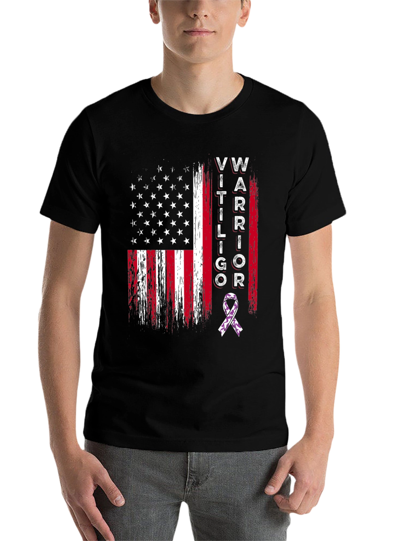 Black Vitiligo Warrior American Flag Graphic T-Shirt view 7