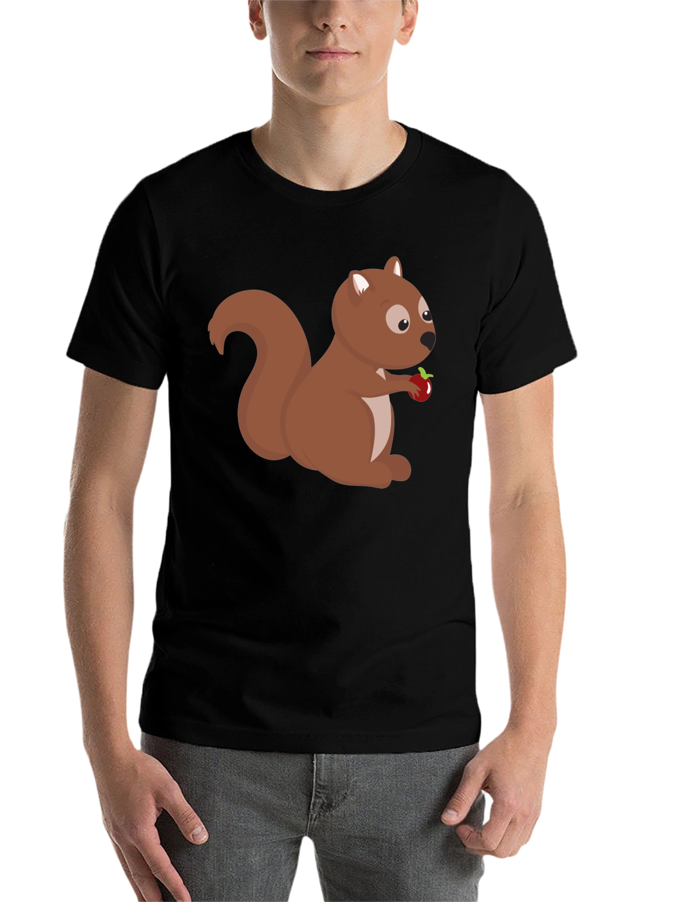 Black Squirrel Holding Apple Black T-Shirt view 7