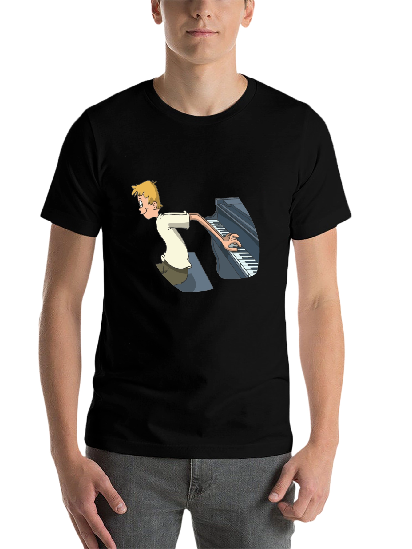 Black Piano Player Cartoon Graphic T-Shirt - Unique Design view 7