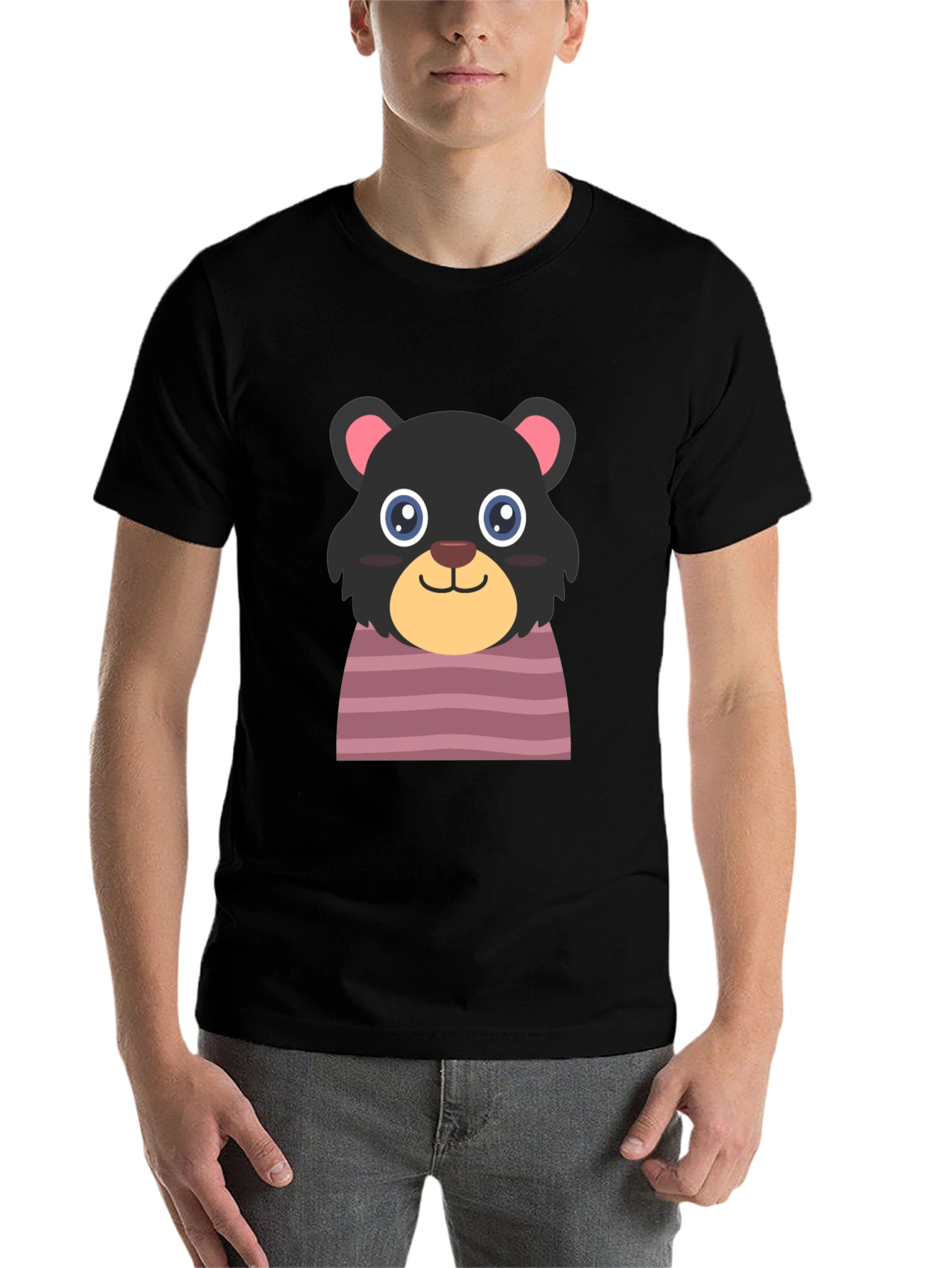 Black Cute Cartoon Bear Black T-Shirt view 7