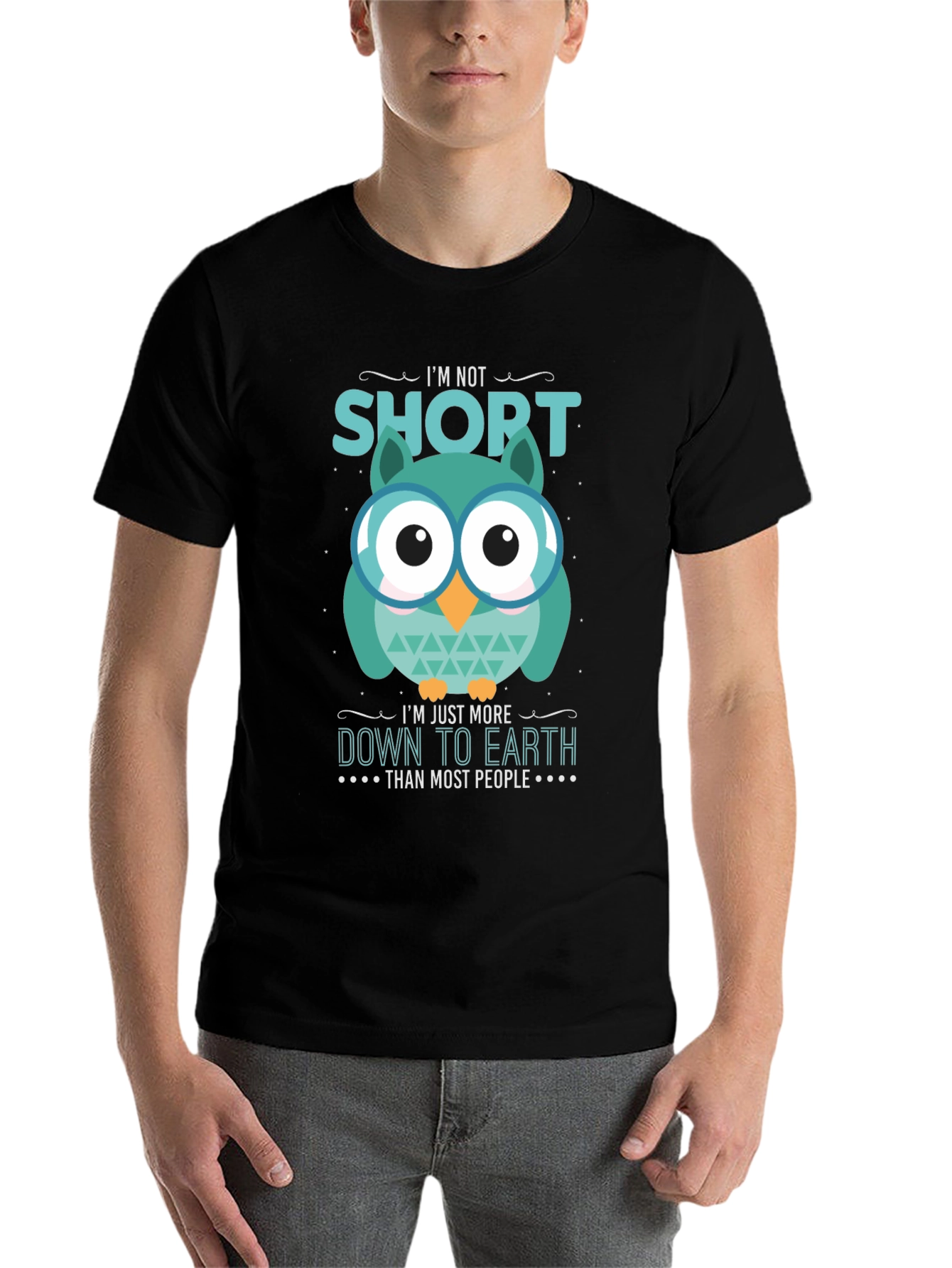 Black Funny Owl T-Shirt: I'm Not Short, Down to Earth view 7