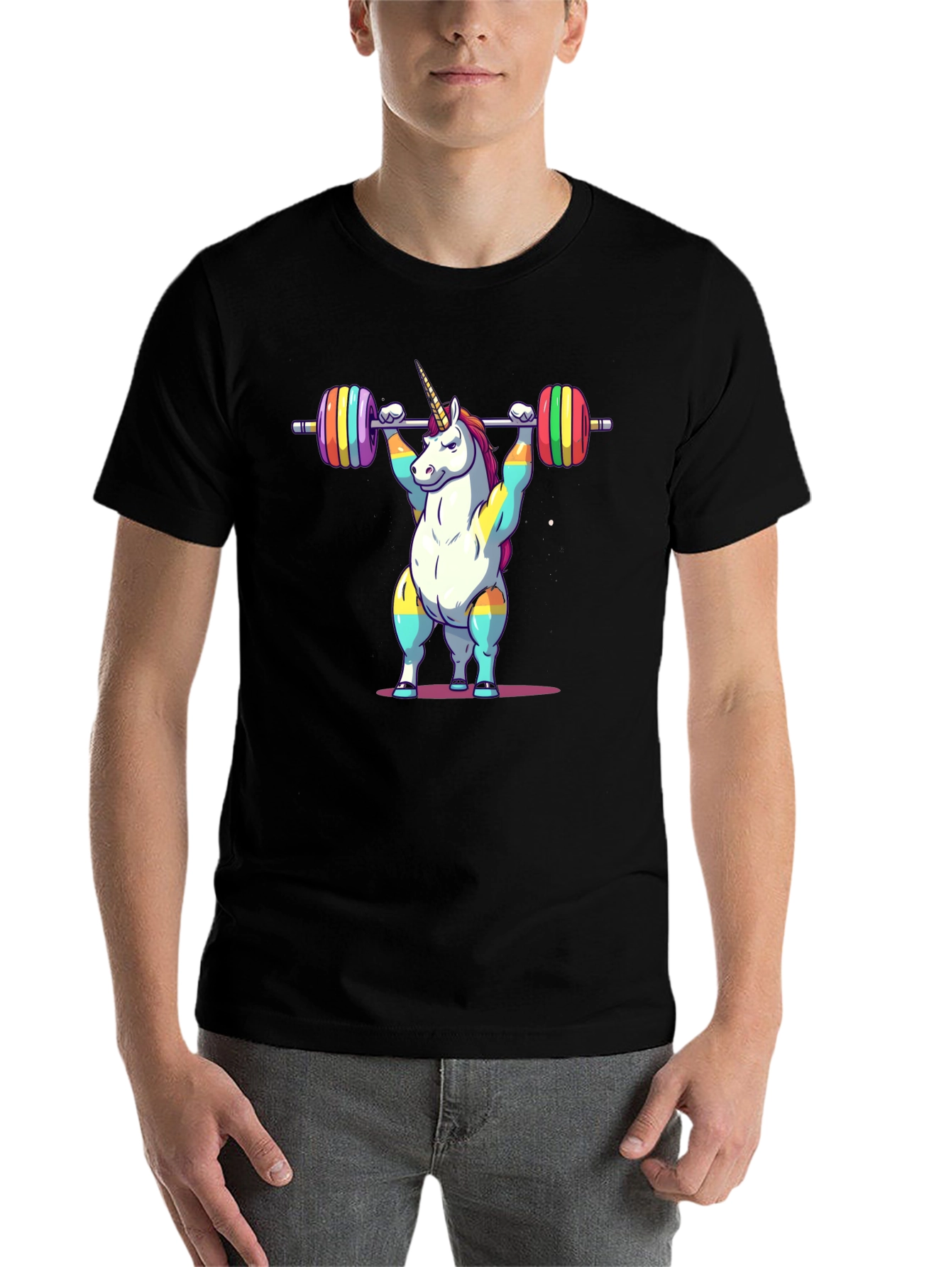 Black Unicorn Weightlifter T-Shirt - Rainbow Barbell Design view 7