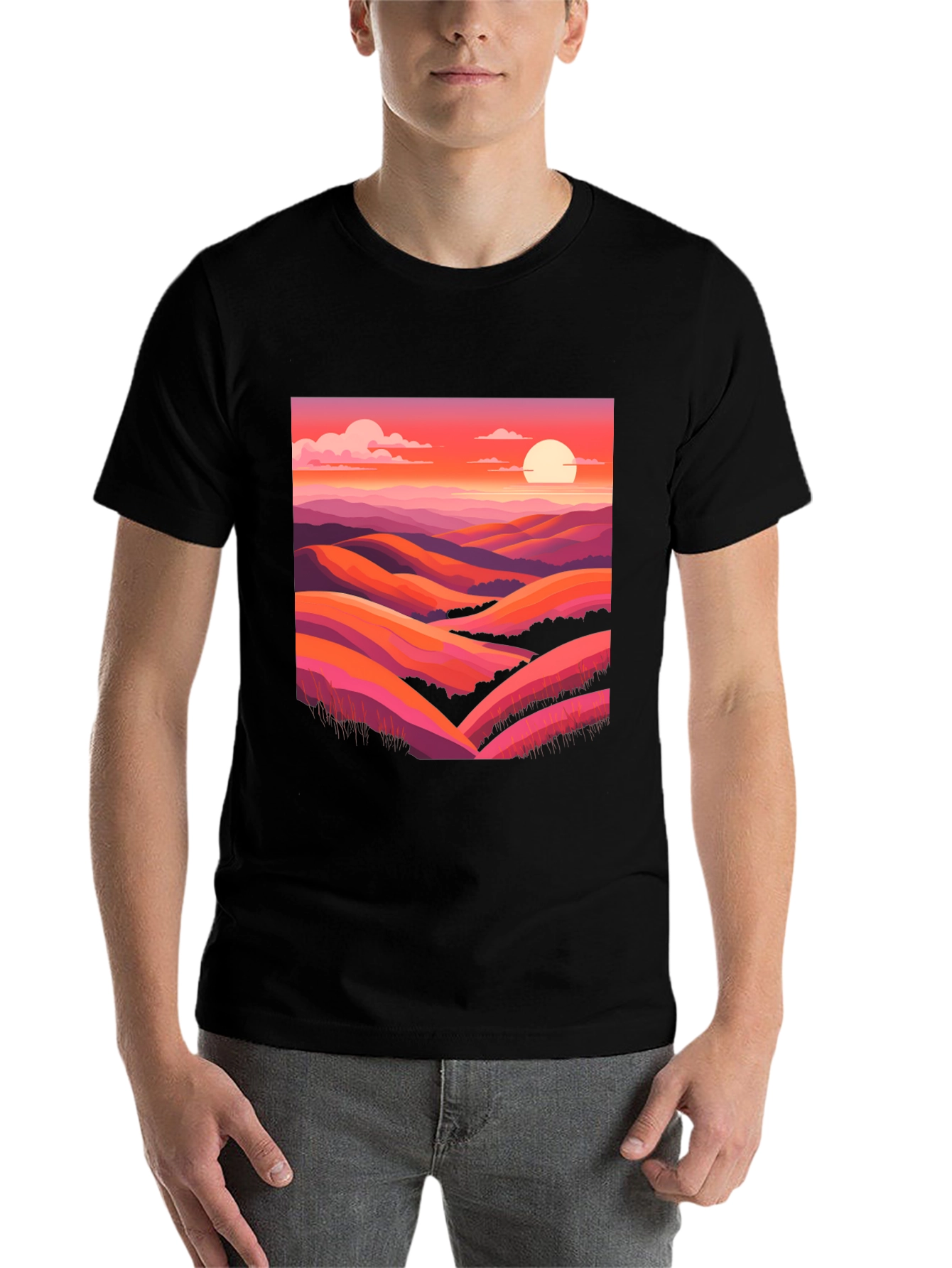 Black Sunset Hills Graphic Tee - Retro Landscape Shirt view 7