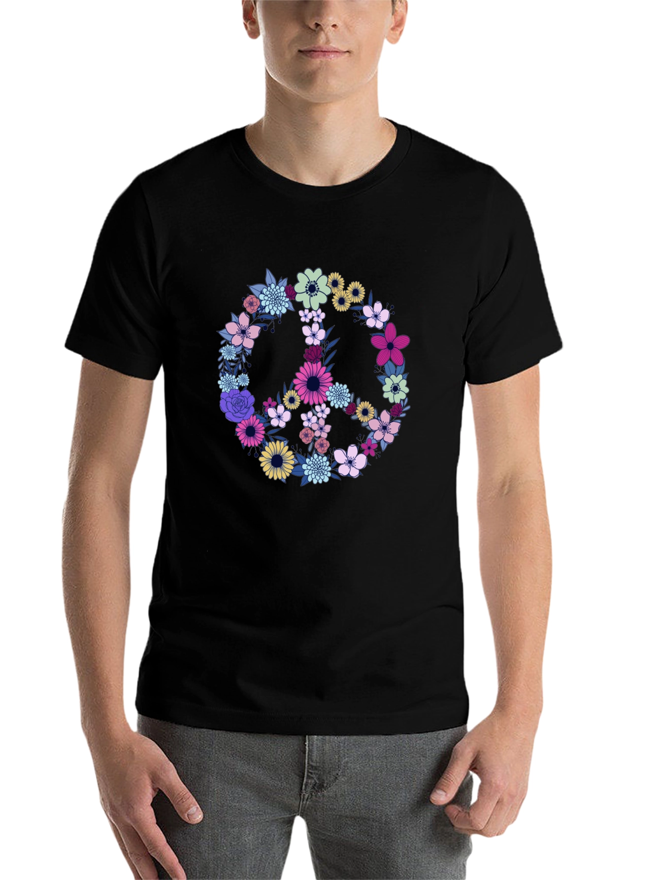 Black Floral Peace Sign Graphic T-Shirt view 7