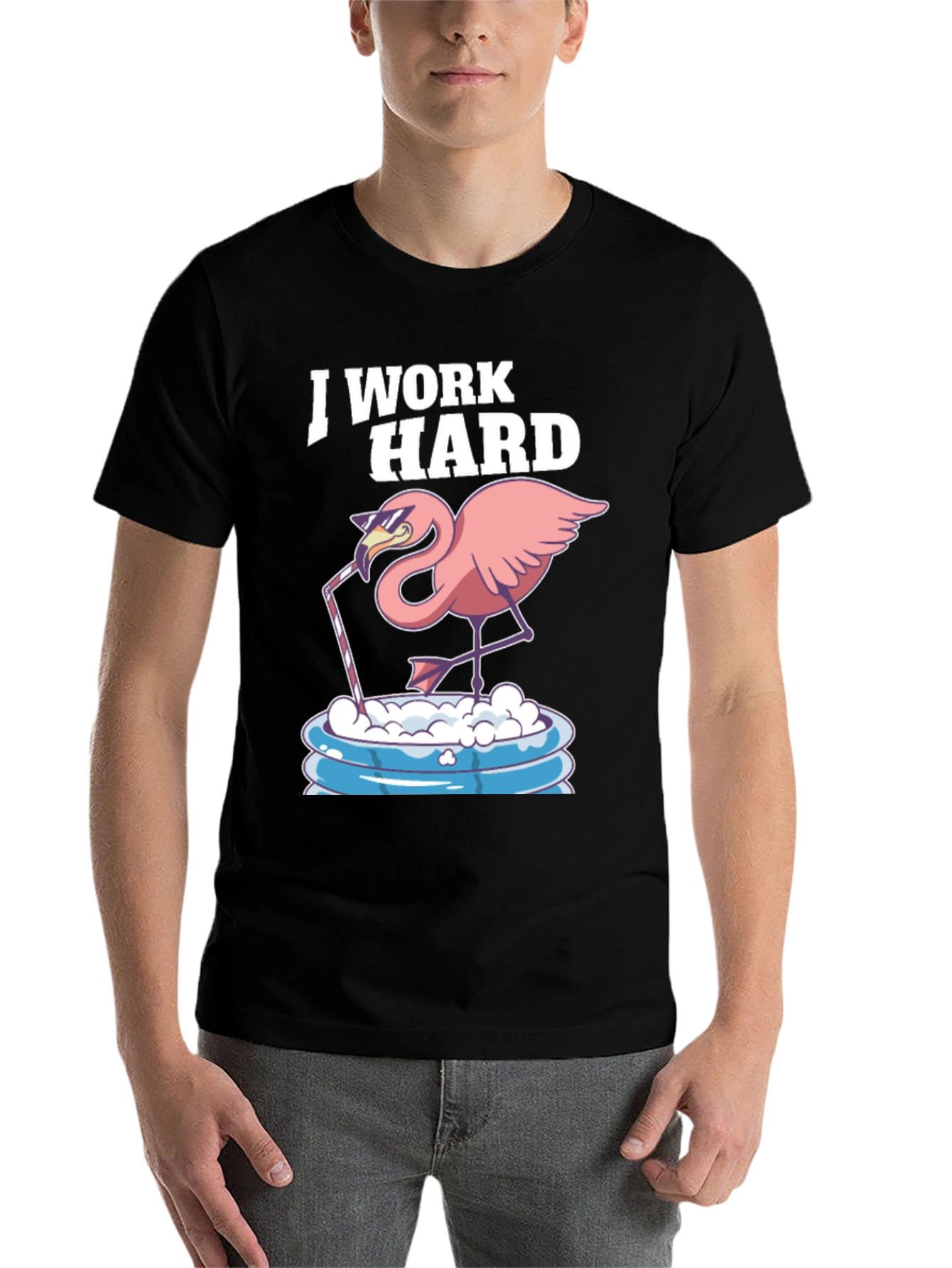 Black I Work Hard Flamingo T-Shirt - Relaxed Poolside Style view 7