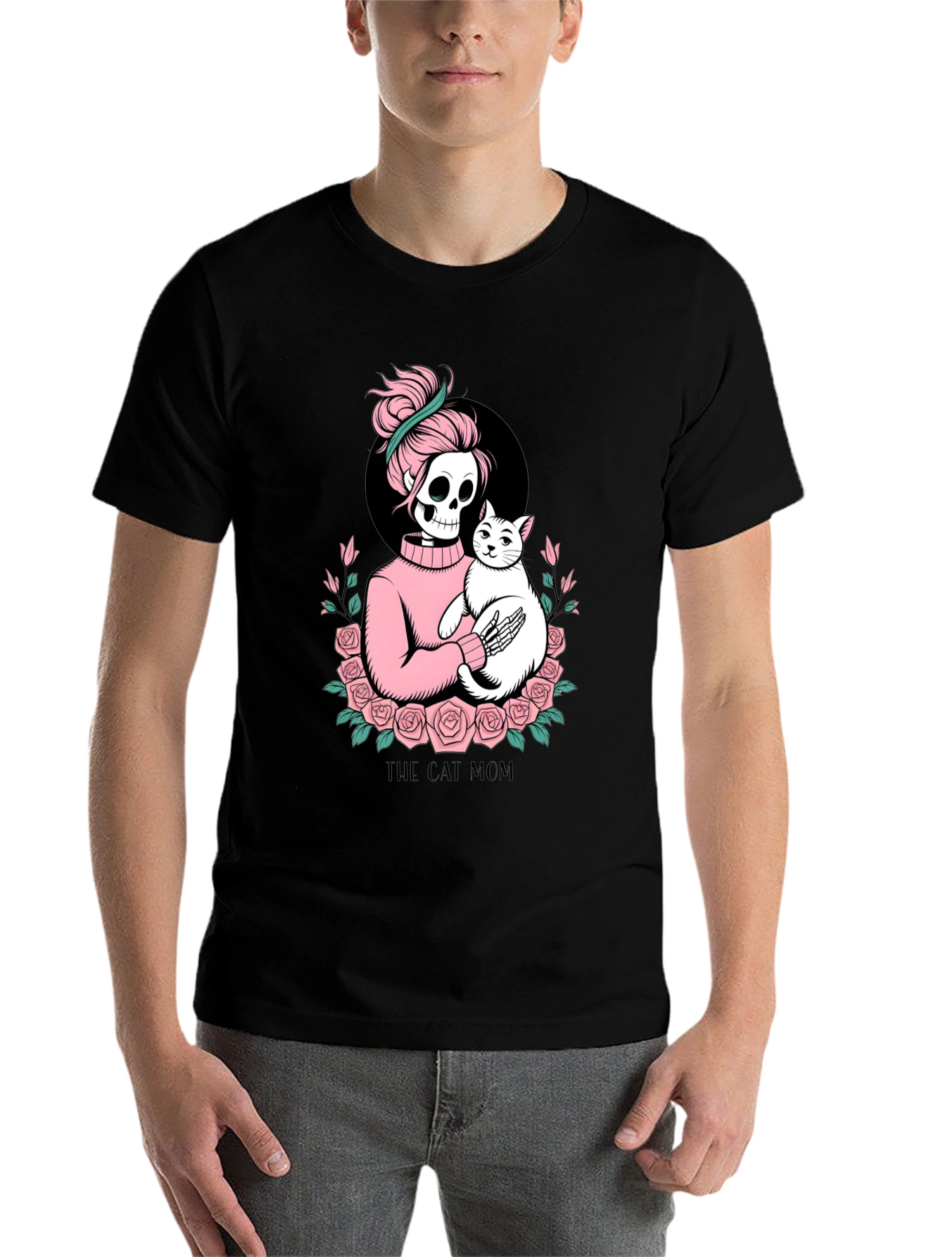 Black Skeleton Cat Mom Graphic Tee - Black view 7