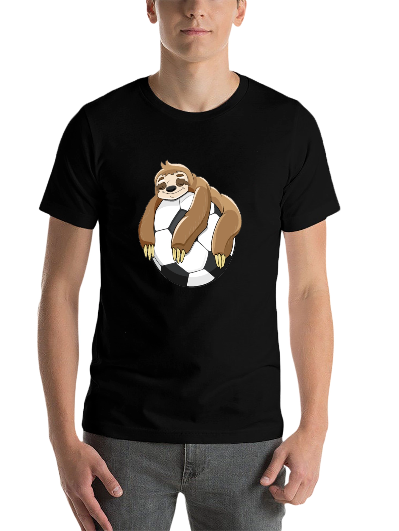 Black Sloth Soccer T-Shirt - Funny Cartoon Sloth on Soccer Ball view 7