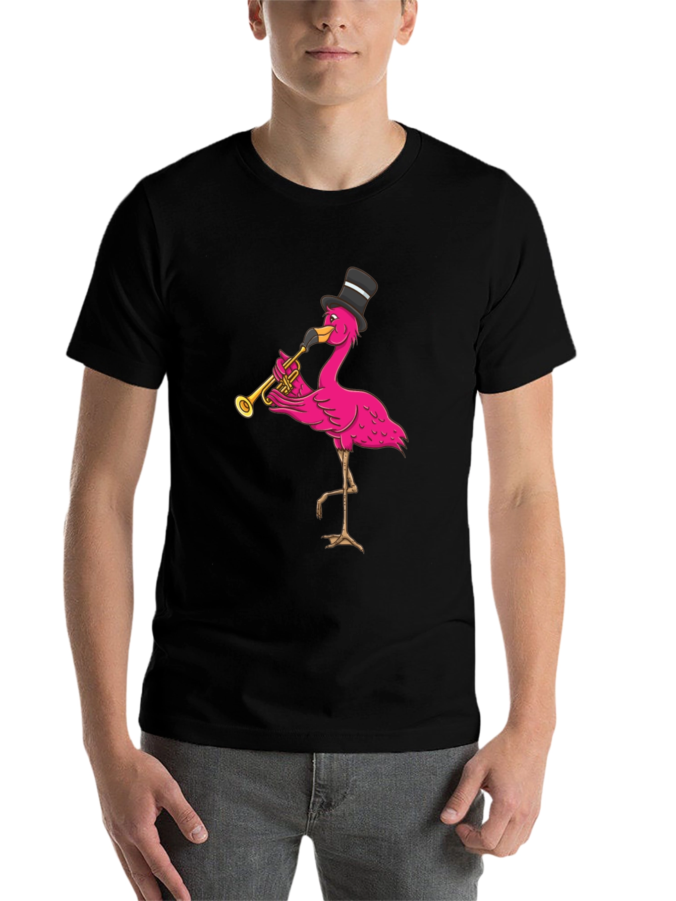 Black Flamingo Trumpet Player T-Shirt - Novelty Graphic Tee view 7