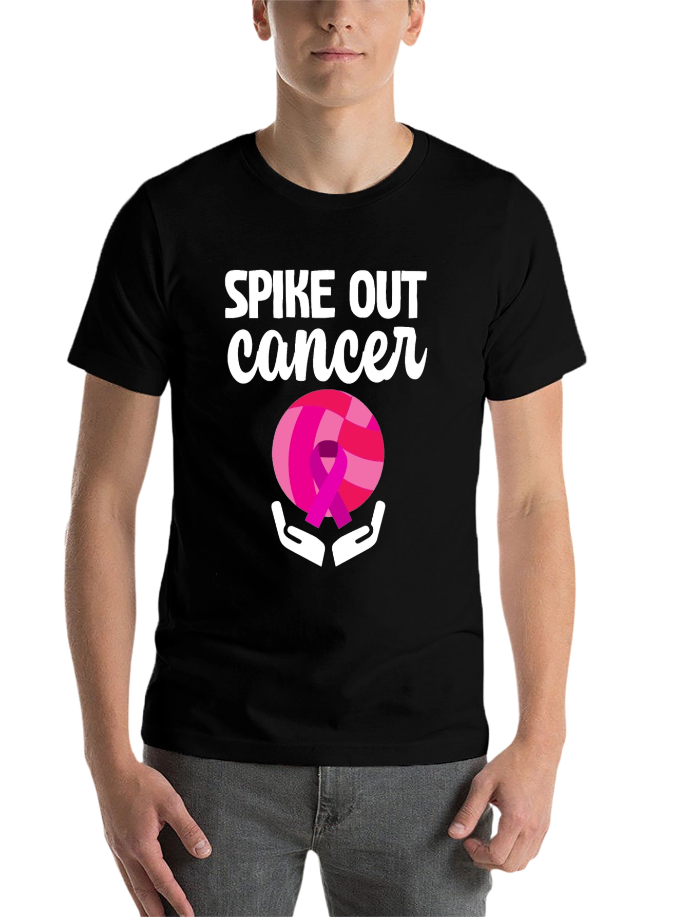 Black Spike Out Cancer Volleyball T-Shirt view 7