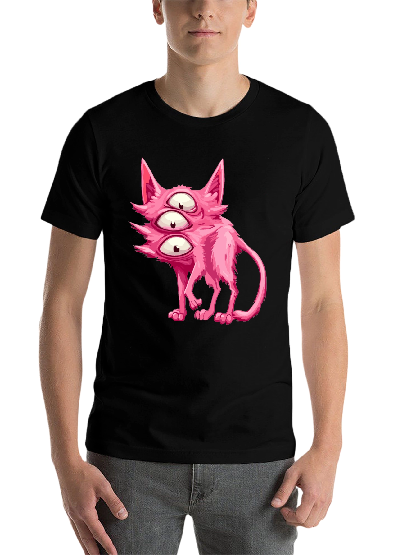 Black Three-Eyed Pink Monster Cat Graphic Tee view 7
