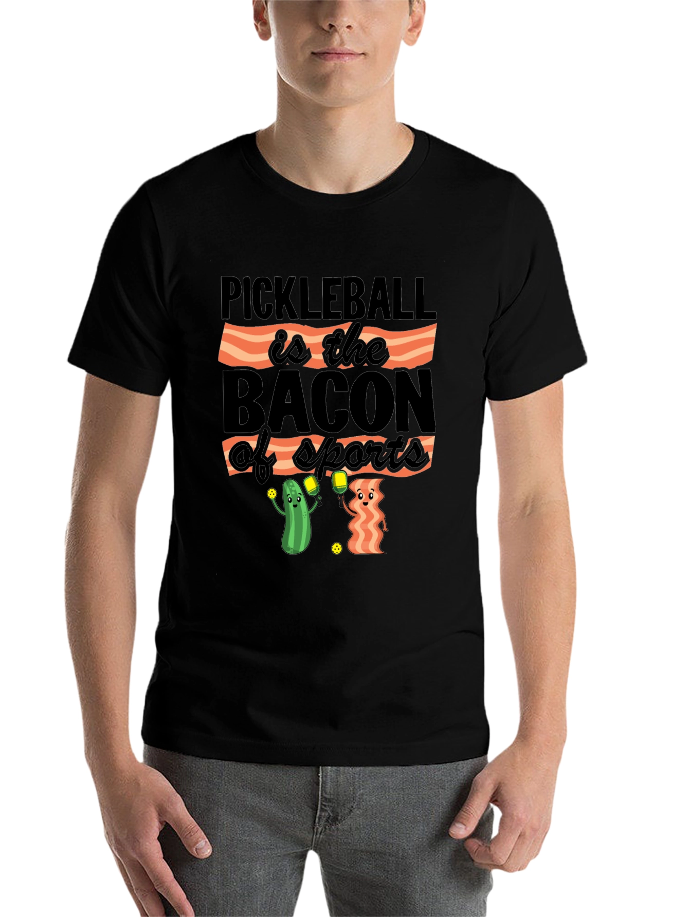 Black Pickleball & Bacon T-Shirt: Sports Humor Tee view 7