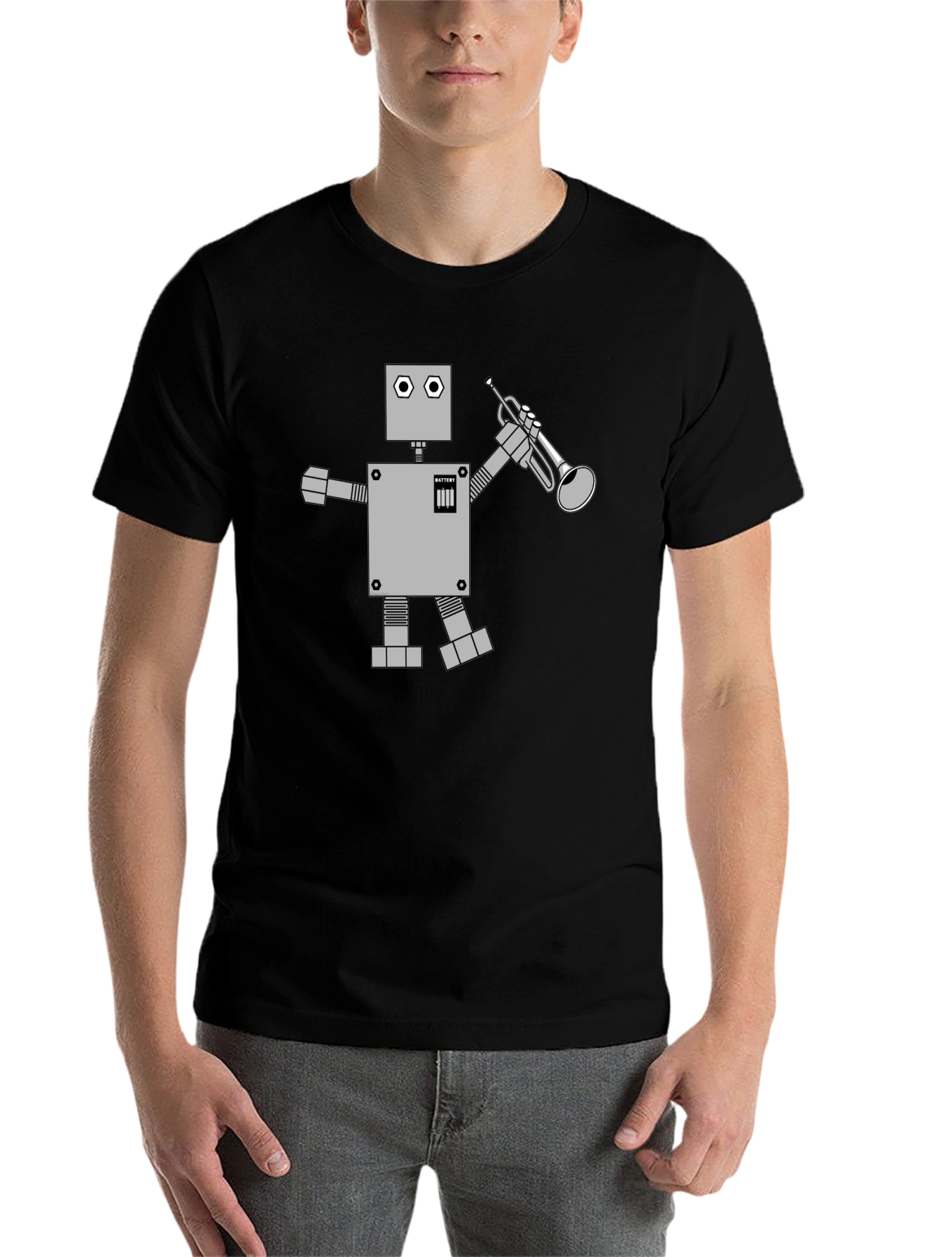 Black Robot Musician Graphic Tee - Black Cotton T-Shirt view 7