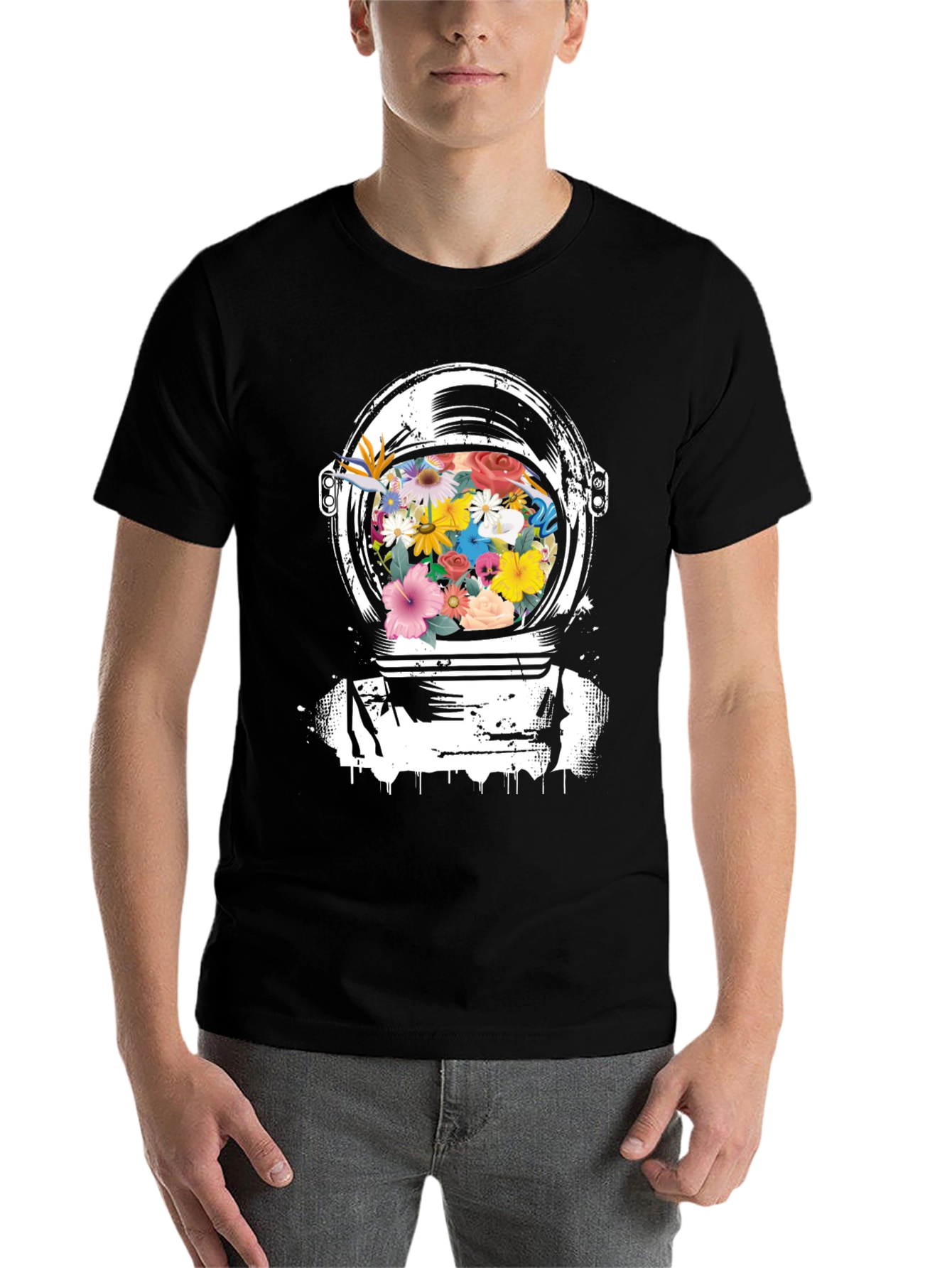 Black Floral Astronaut Helmet Graphic Tee - Black view 7