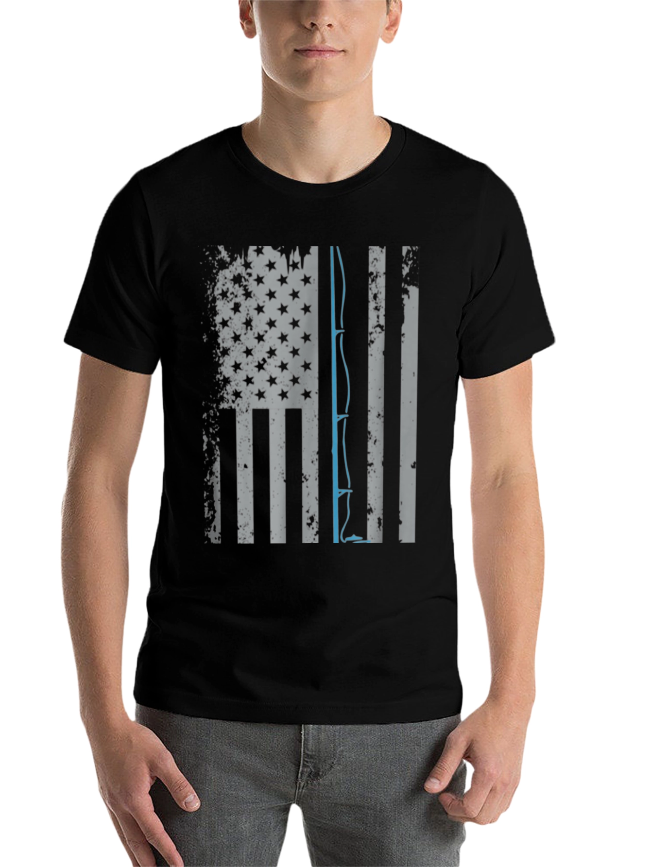 Black Fishing Rod USA Flag Graphic T-Shirt view 7
