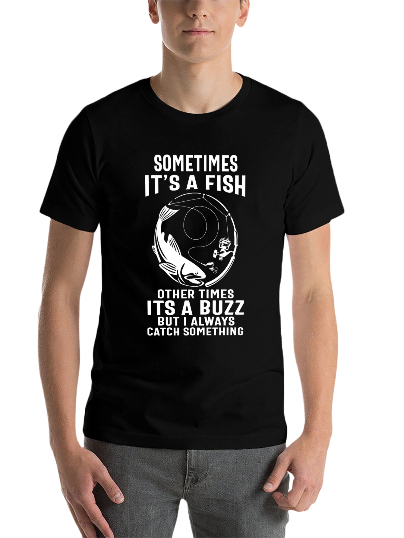 Black Funny Fishing T-Shirt - Catch Something Design view 7