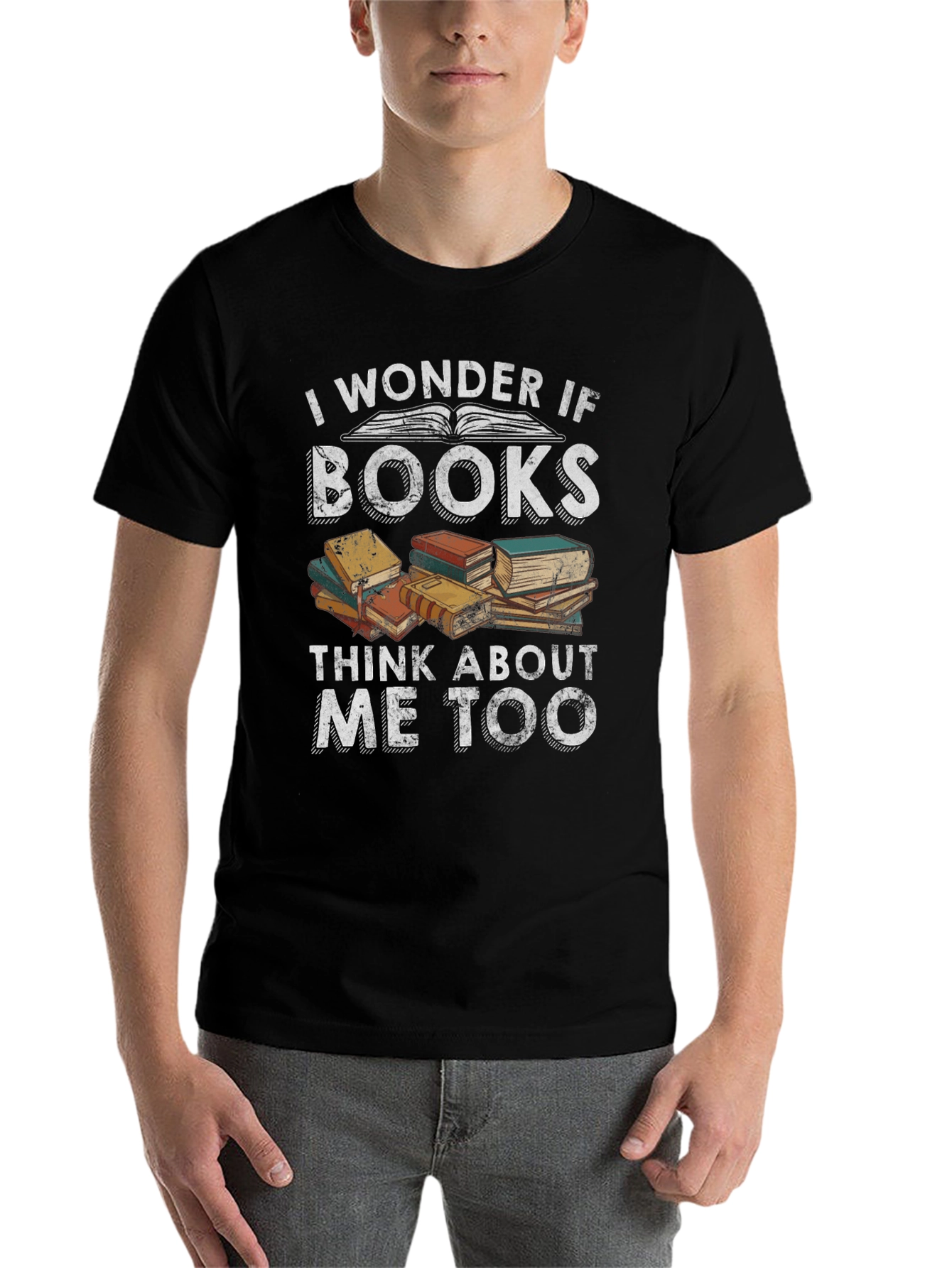 Black Book Lover T-Shirt - I Wonder If Books Think About Me Too view 7