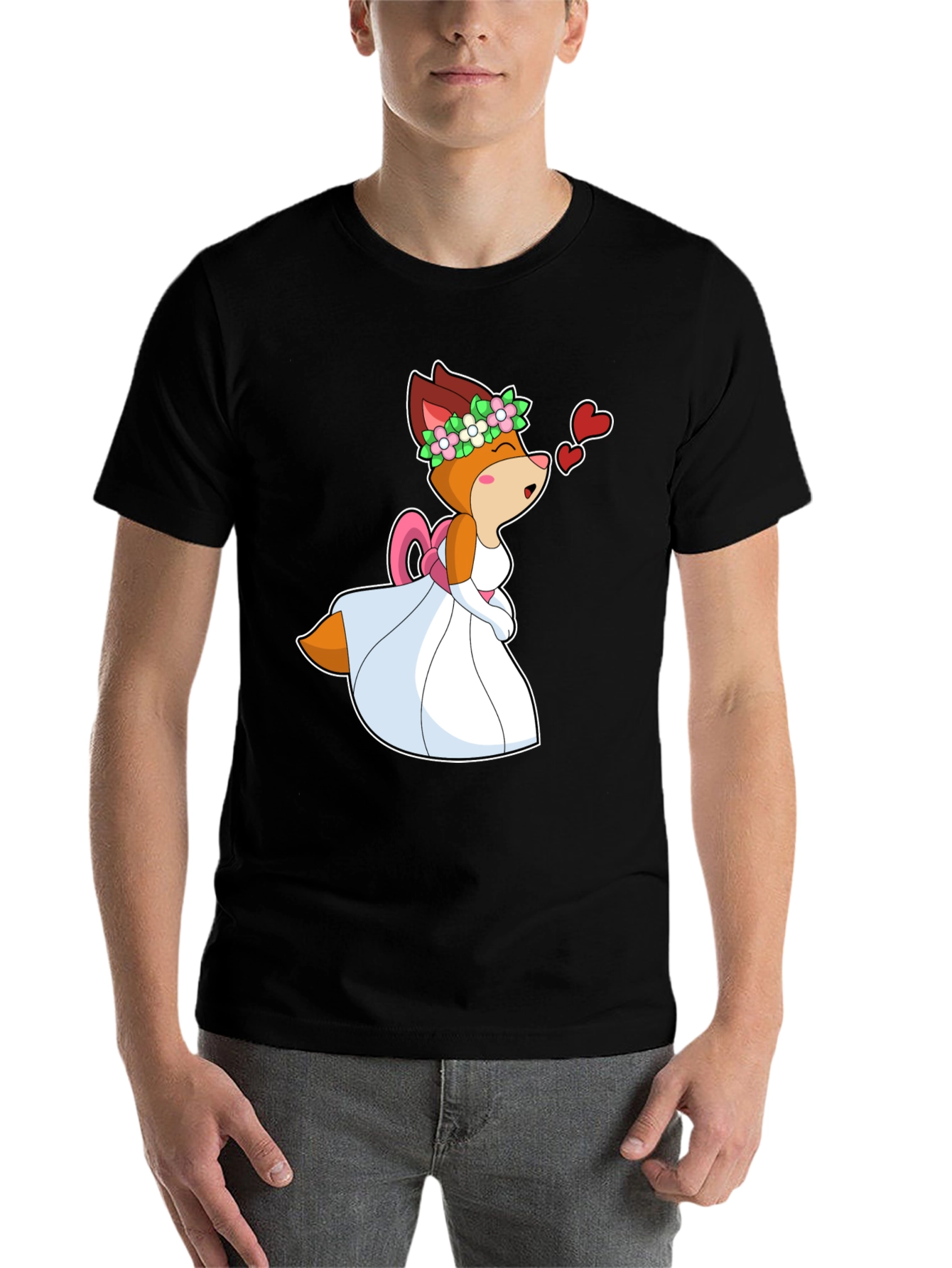 Black Cartoon Fox Bride T-Shirt - Love is in the Air! view 7
