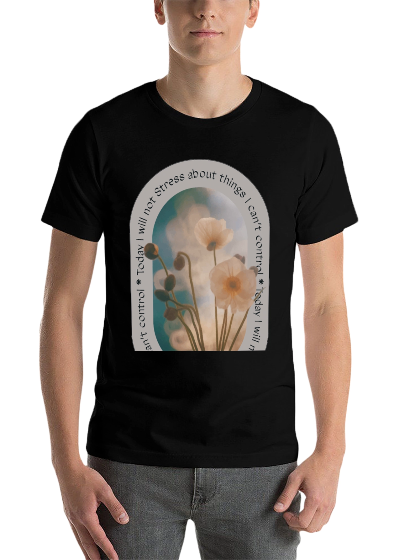 Black Floral Graphic T-Shirt: Stress Less, Control Less view 7