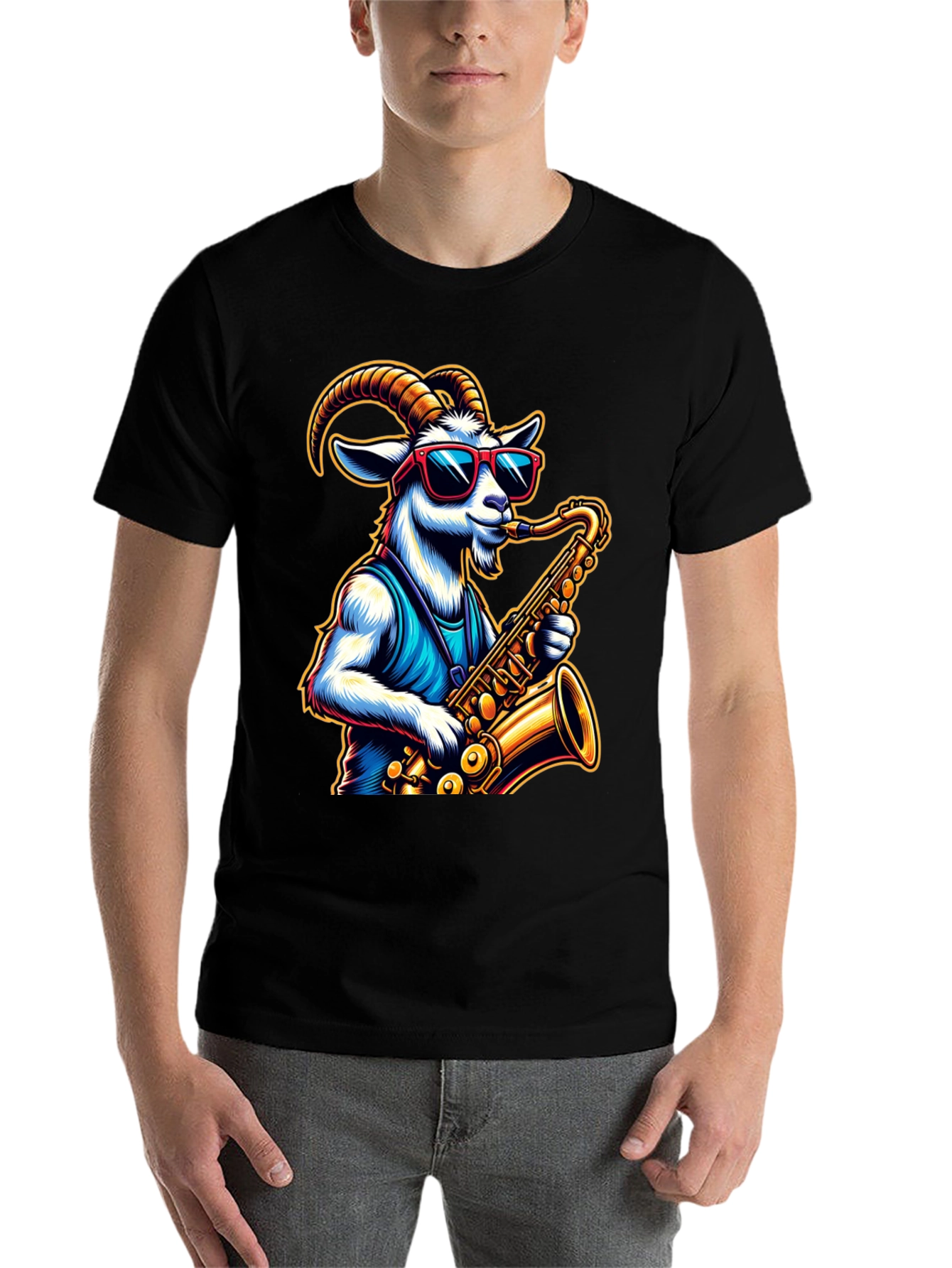 Black Cool Goat Saxophone Player Graphic Tee view 7