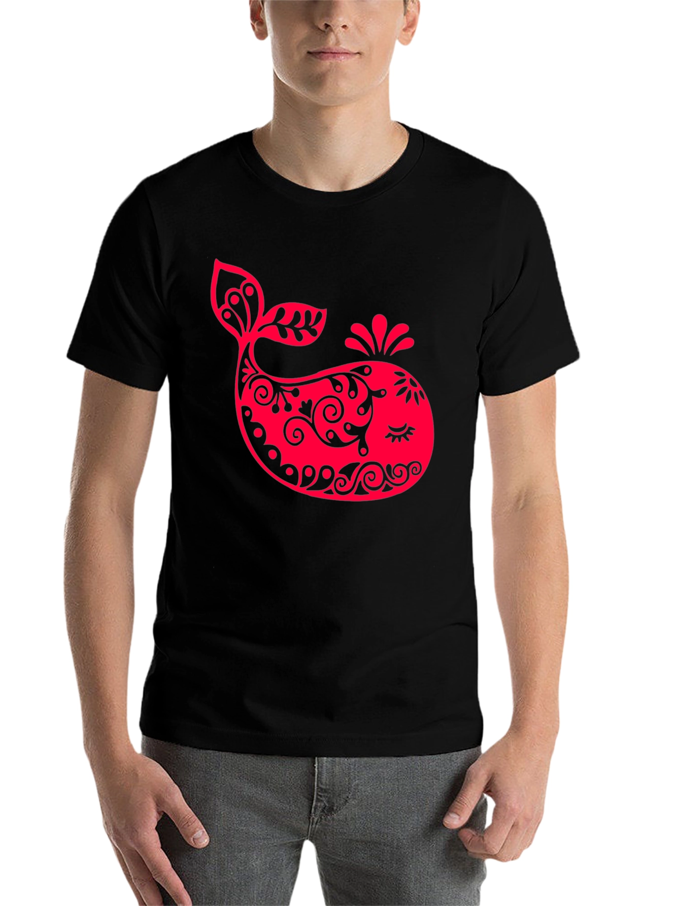 Black Red Whale Graphic Print Black T-Shirt view 7