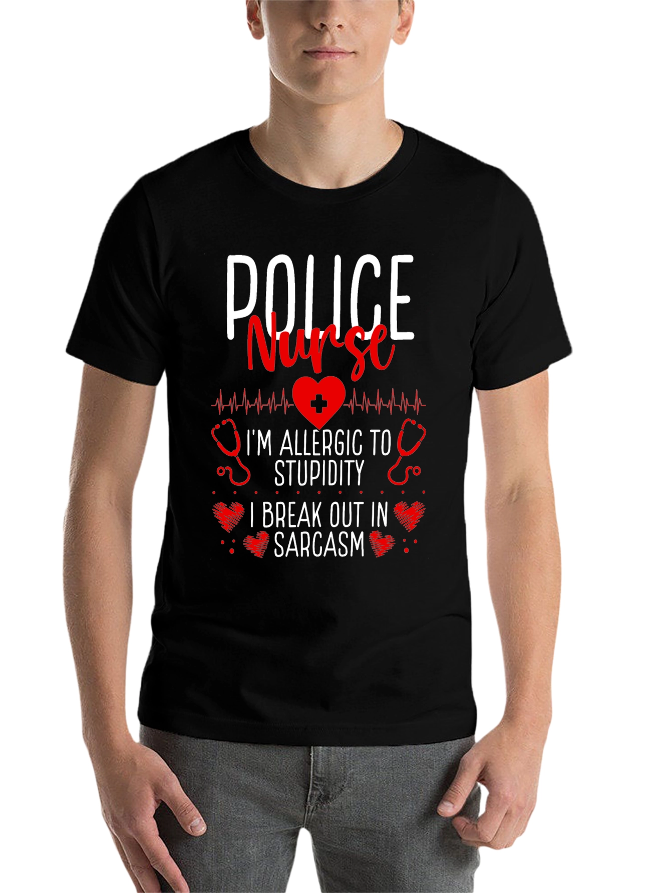 Black Police Nurse Sarcastic T-Shirt - I'm Allergic to Stupidity! view 7