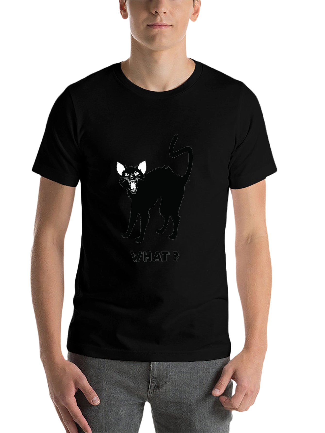 Black Black Cat Graphic Tee - "WHAT?" Design view 7