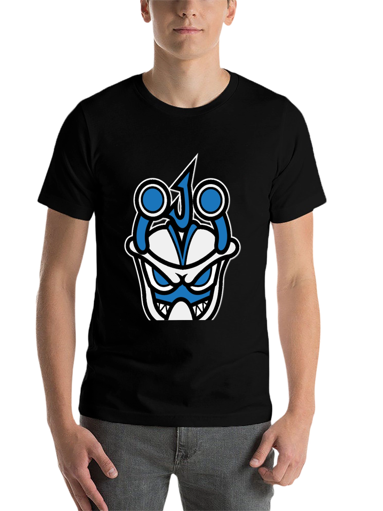 Black Graphic T-Shirt - Blue & White Angry Face view 7