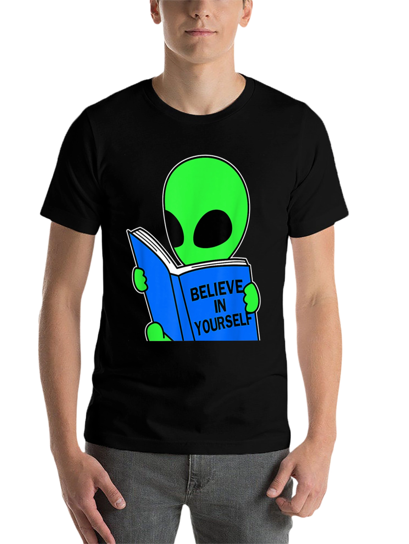Black Believe Alien Reading Book Graphic Tee view 7