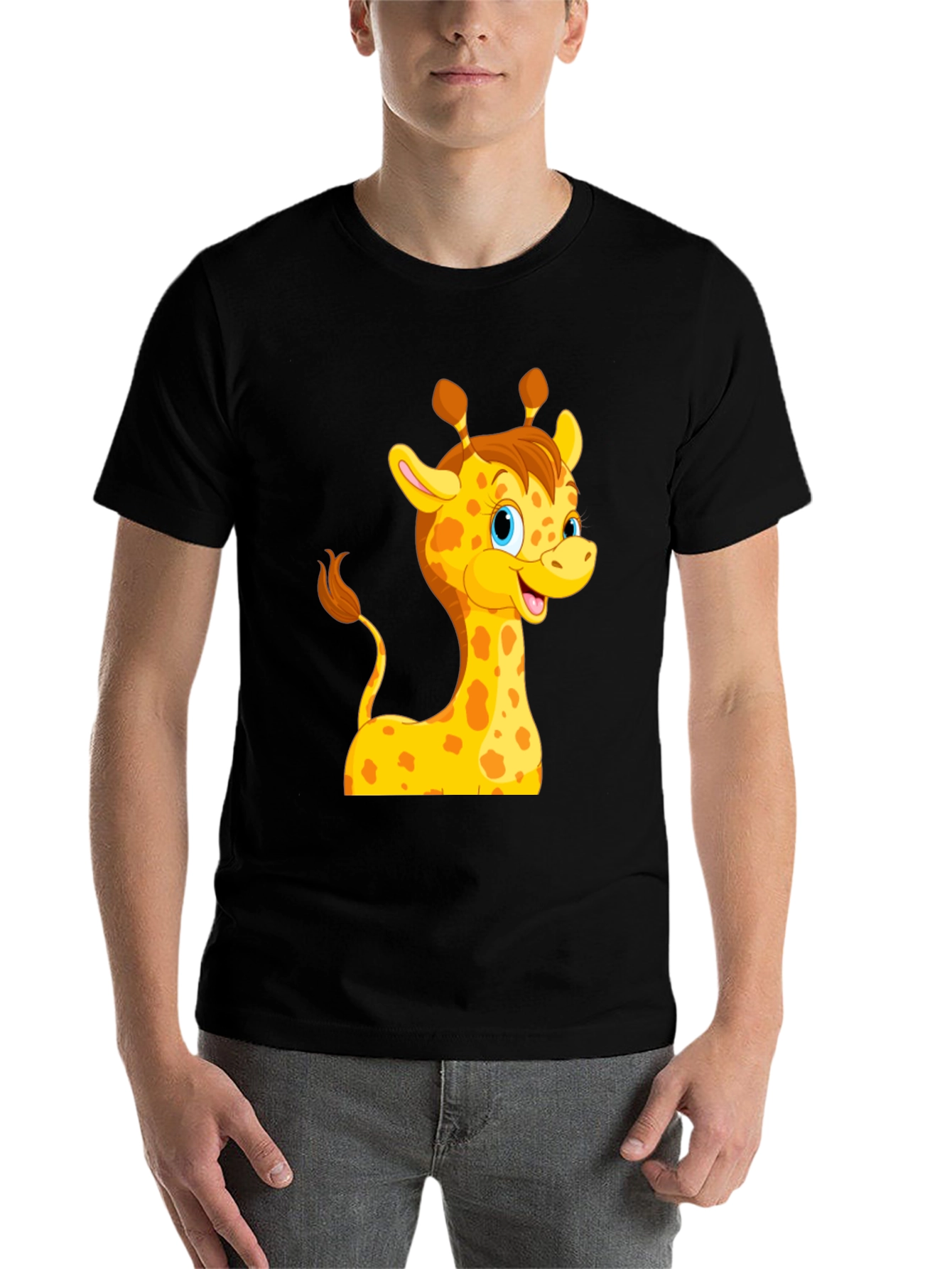 Black Cute Giraffe Cartoon Black T-Shirt view 7