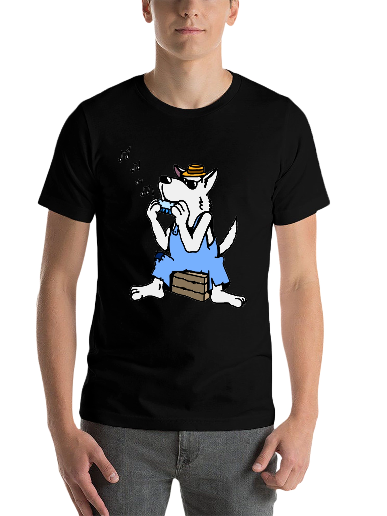 Black Cartoon Wolf Harmonica T-Shirt view 7