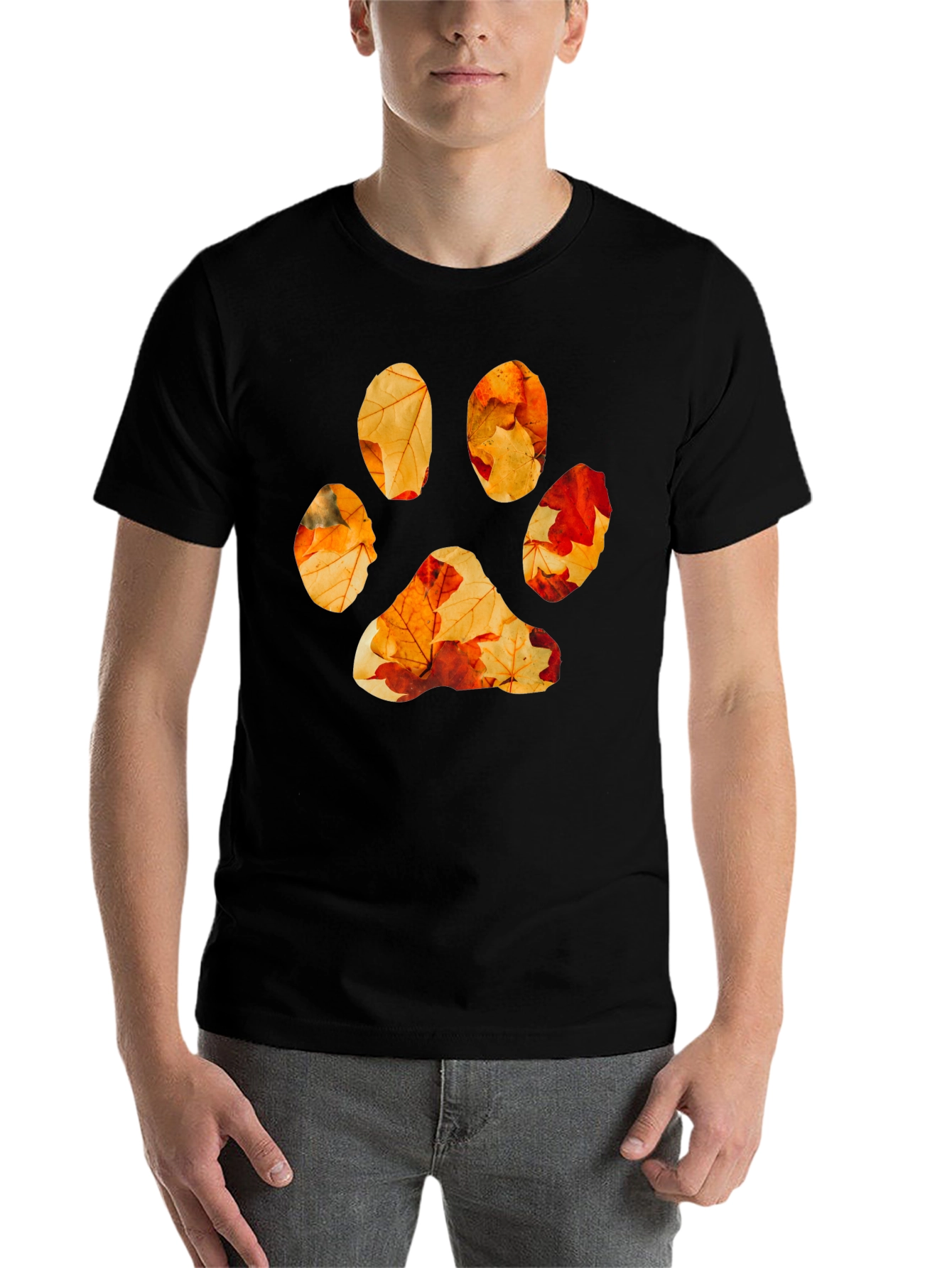 Black Fall Leaves Paw Print Graphic Tee - Black Cotton view 7