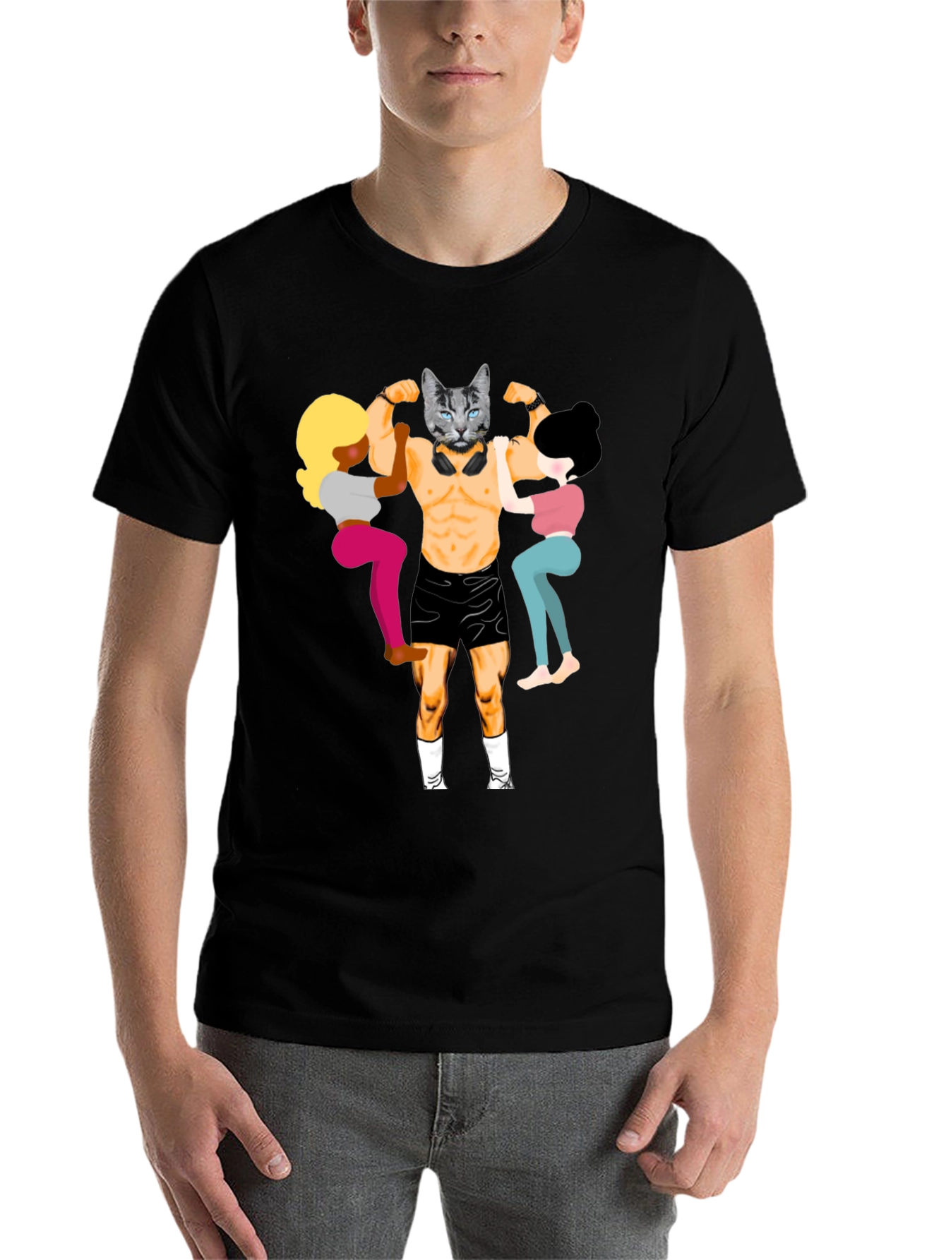 Black Funny Cat Bodybuilder Graphic Tee view 7