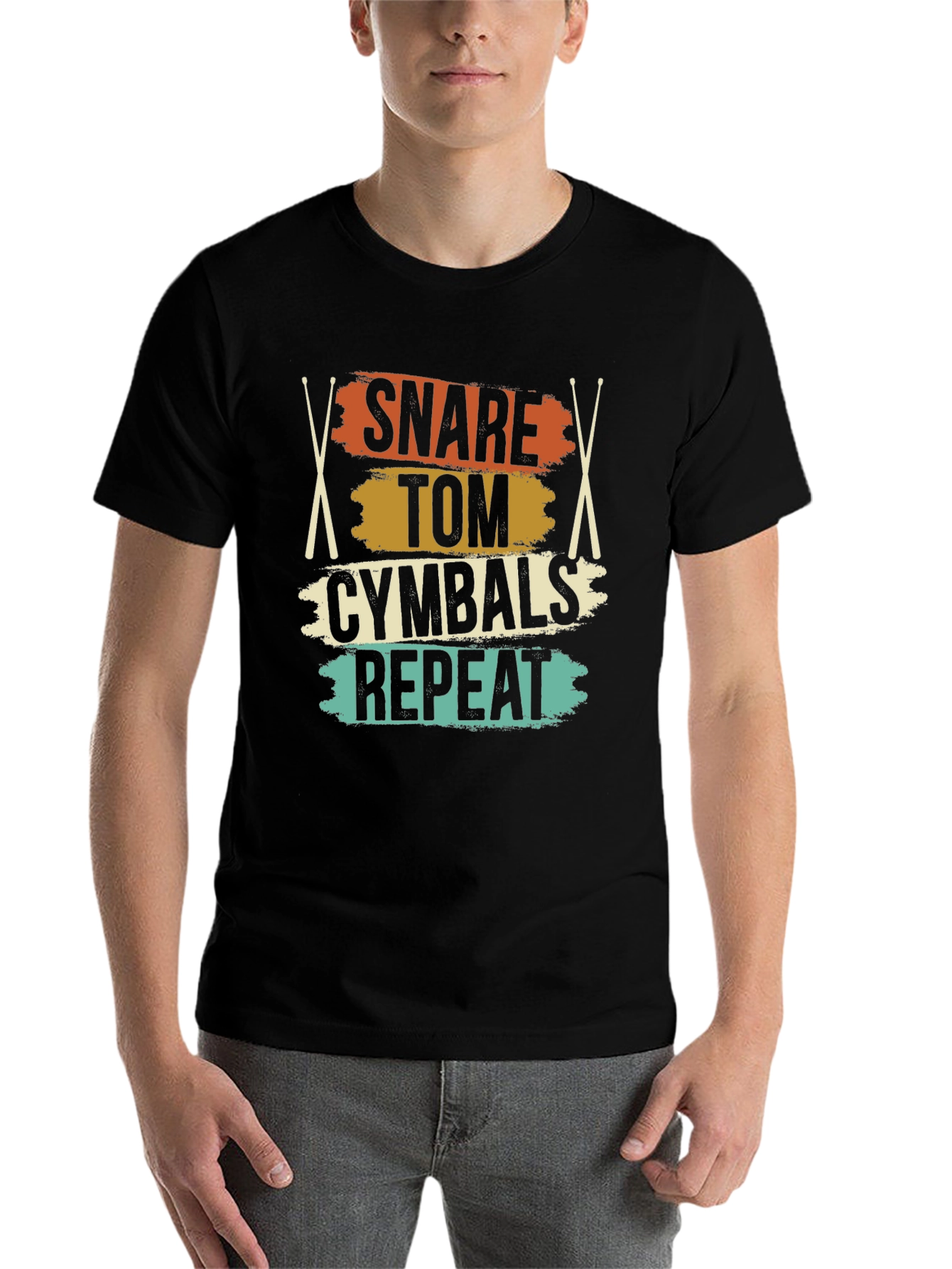 Black Snare Tom Cymbals Repeat Drummer T-Shirt view 7