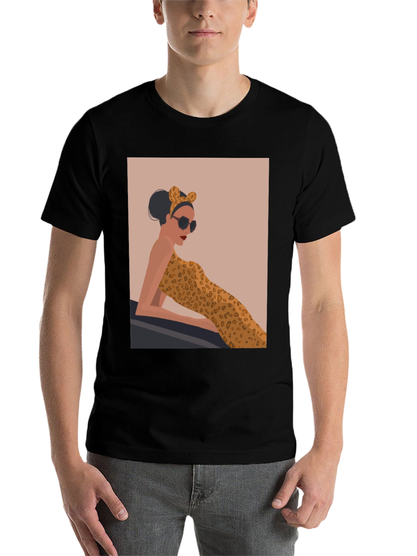 Stylish Black Tee with Leopard Print Woman Graphic - 7