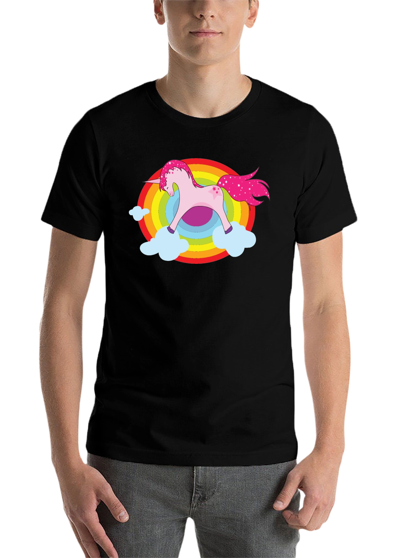 Black Unicorn Rainbow Cloud Graphic Black T-Shirt view 7