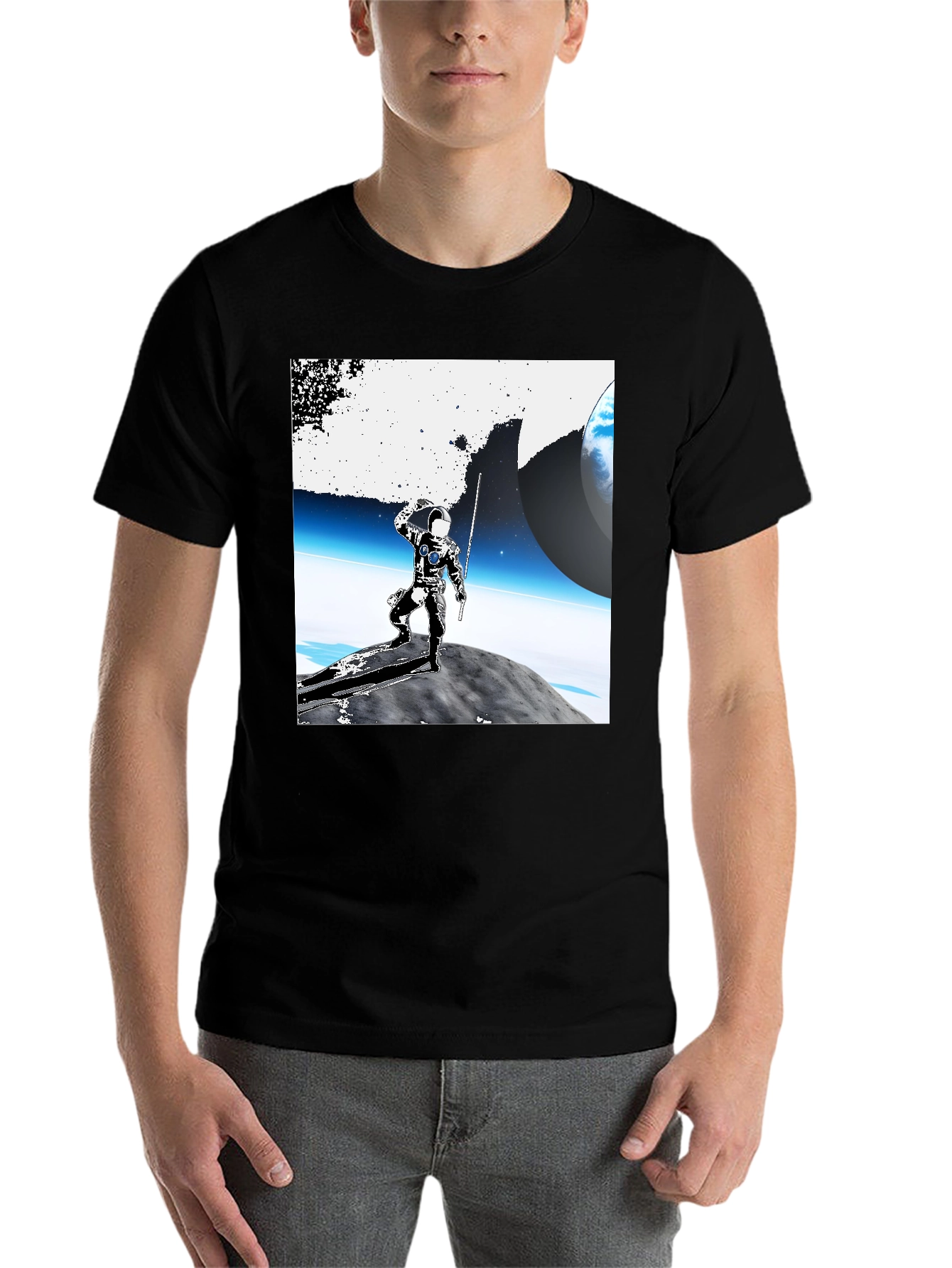 Black Astronaut on Moon Graphic Tee - Black Cotton view 7