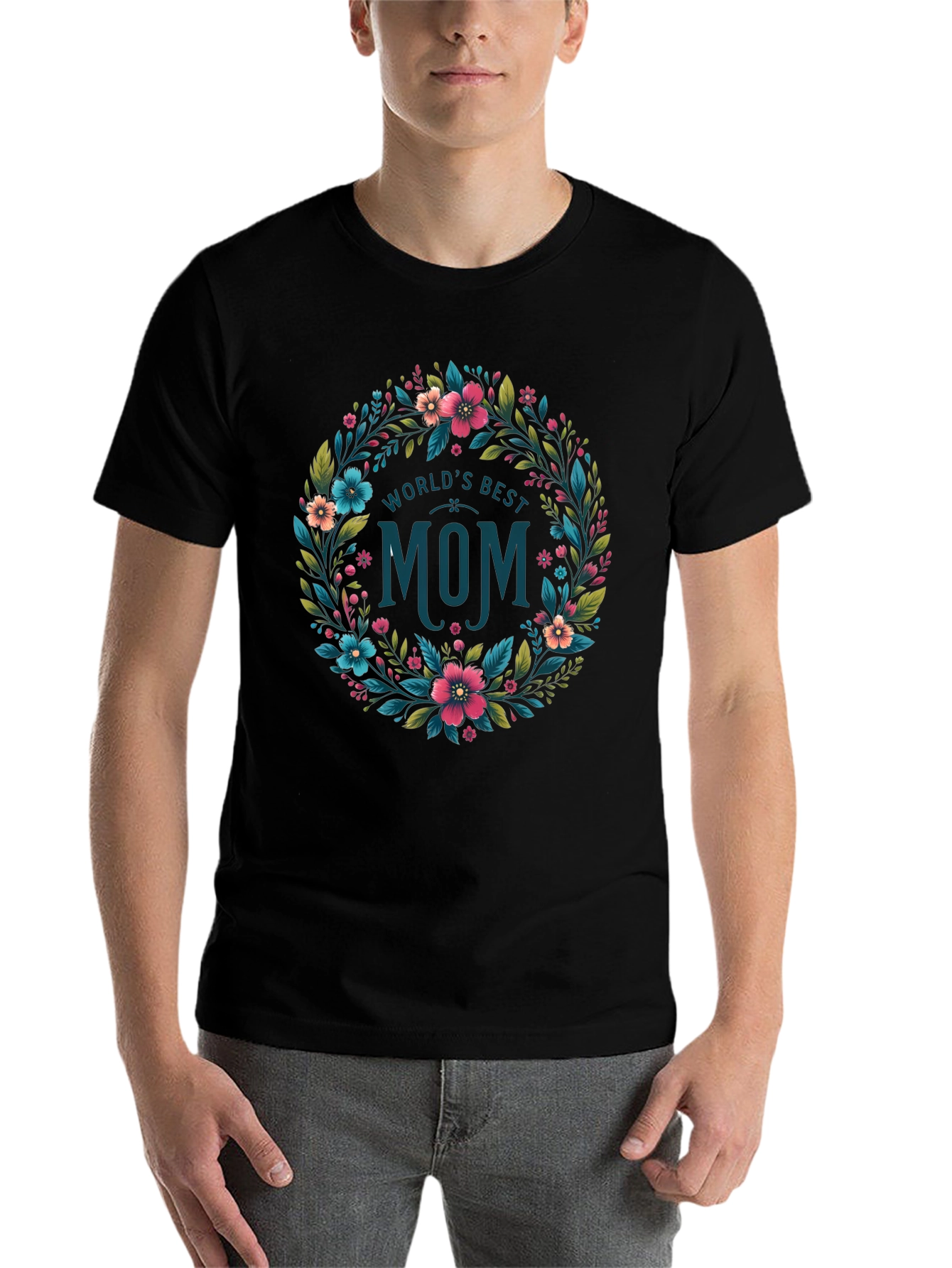 Black World's Best Mom Floral Wreath T-Shirt - Black view 7