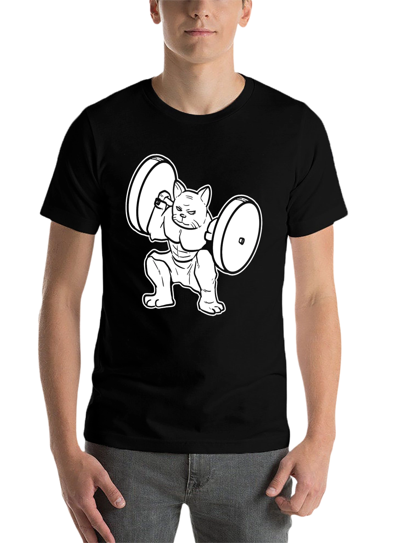 Black Funny Cat Lifting Weights Black T-Shirt view 7