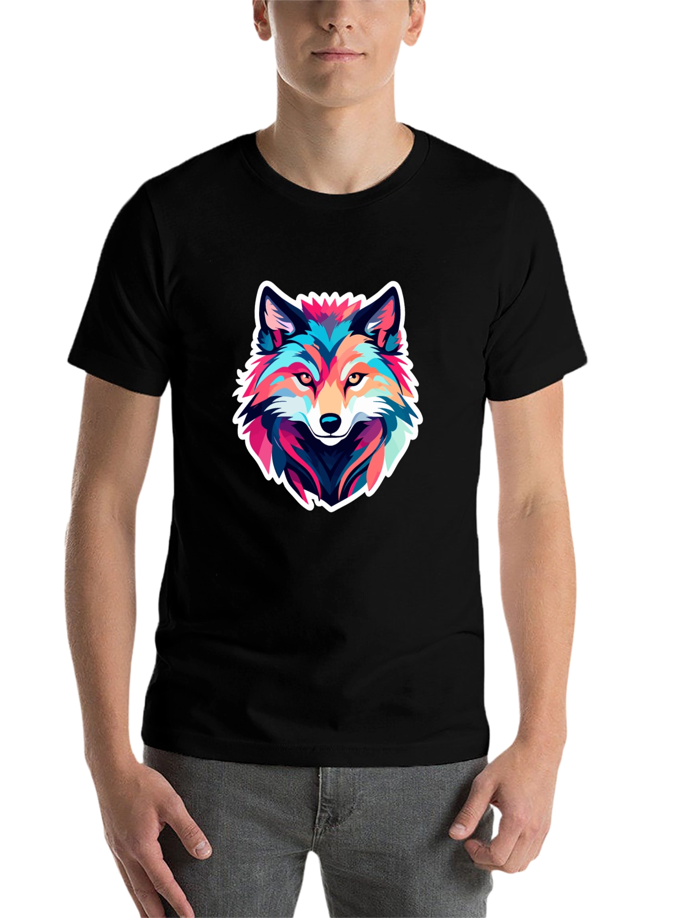Black Colorful Wolf Graphic Black T-Shirt view 7