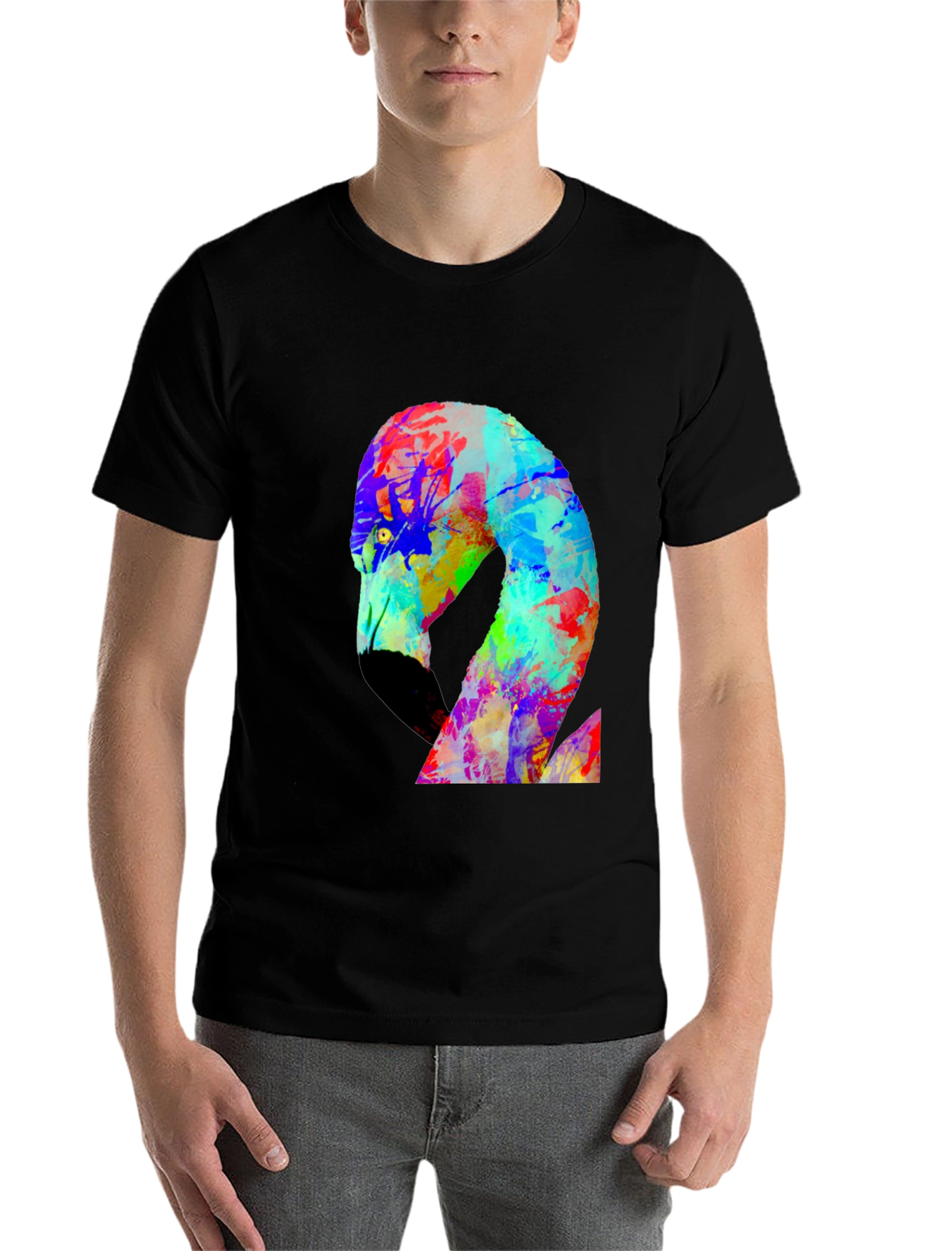 Black Colorful Flamingo Graphic Black Tee Shirt view 7